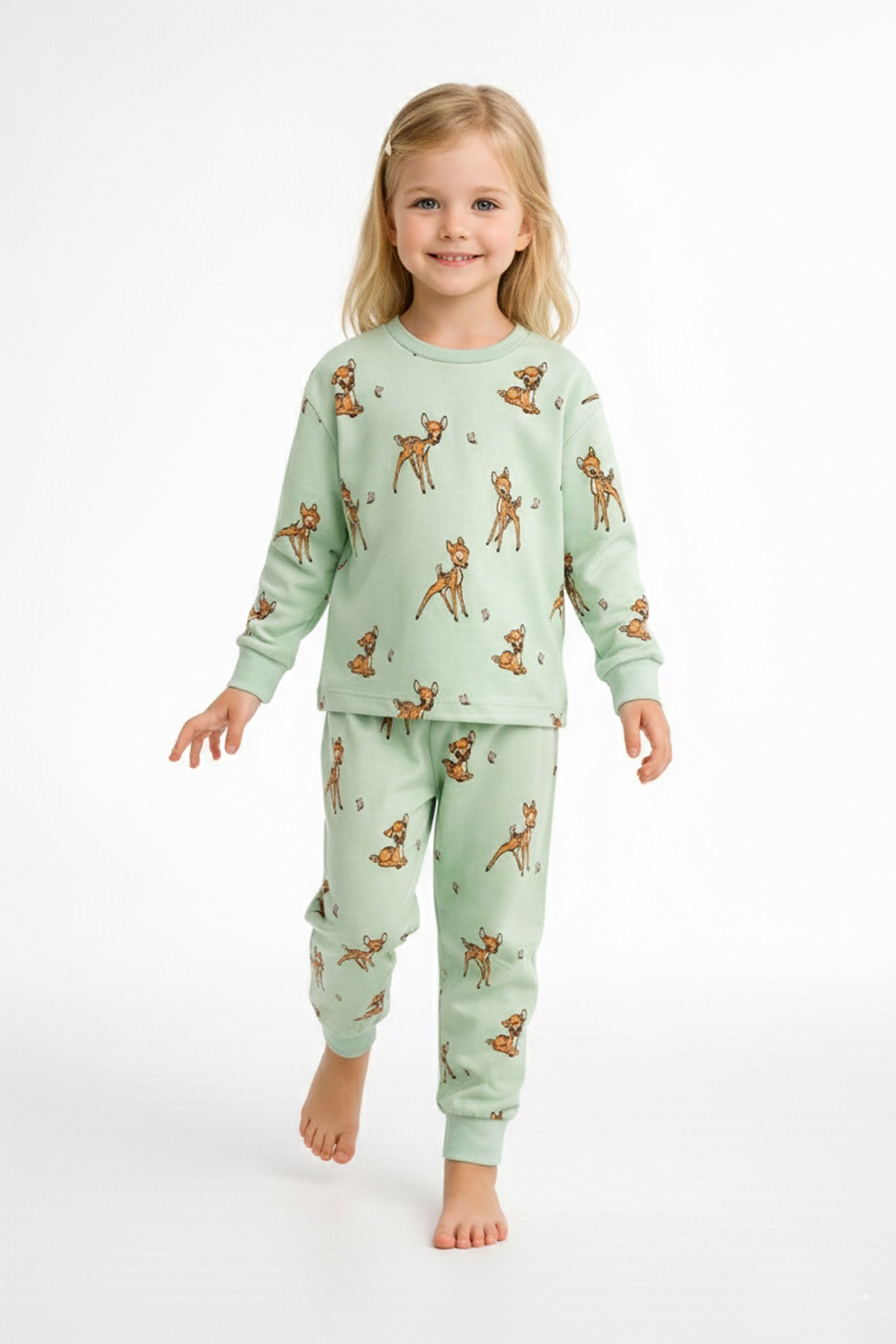 Kız Çocuk Baskılı %100 Pamuk Reaktif Boyalı Süprem Kumaş Uzun Kollu Pijama Takımı