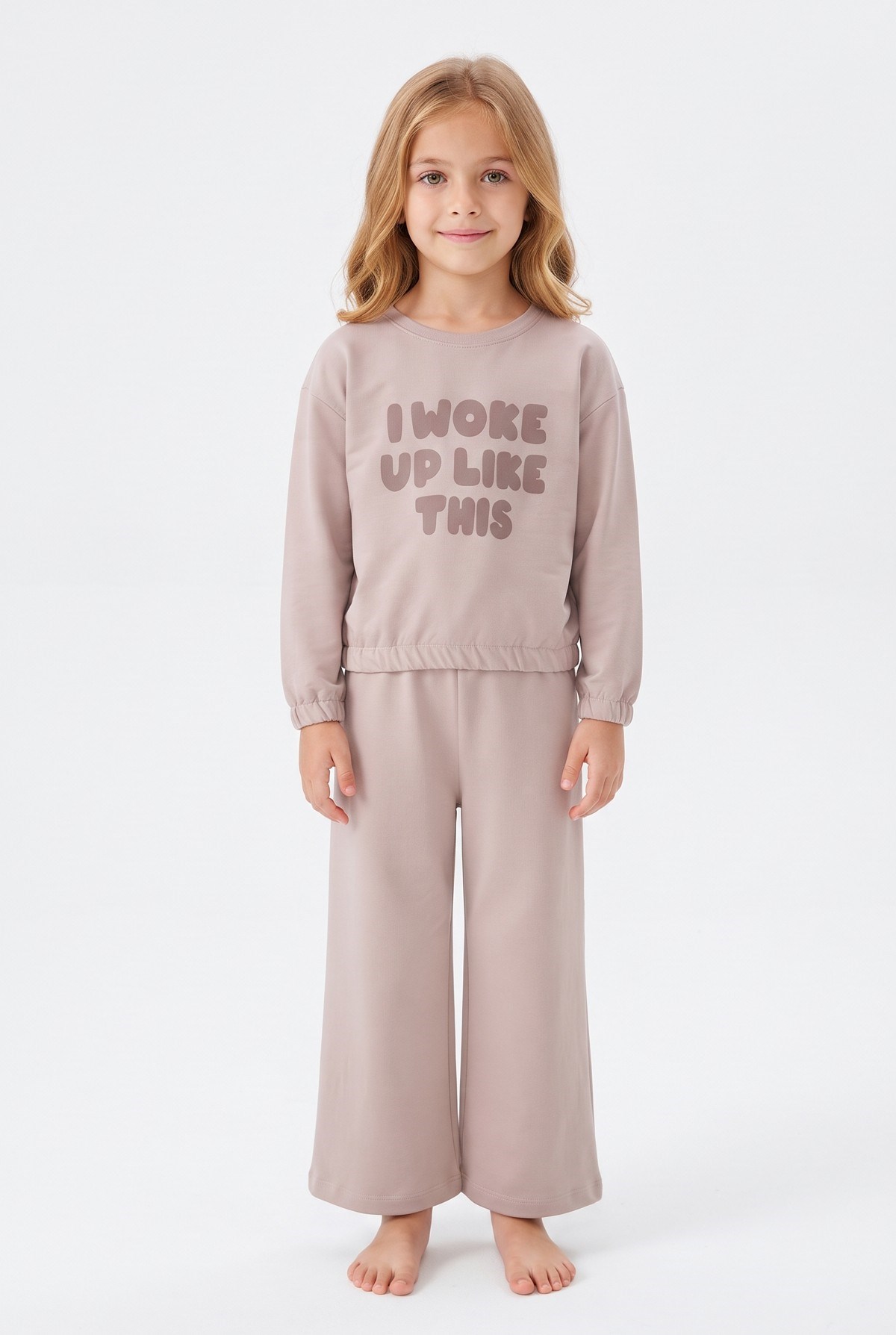 Kız Çocuk Baskılı Sweatın Eteği Lastikli %100 Pamuk Süprem Penye Kumaş Uzun Kollu Bol Paçalı Pijama Takımı