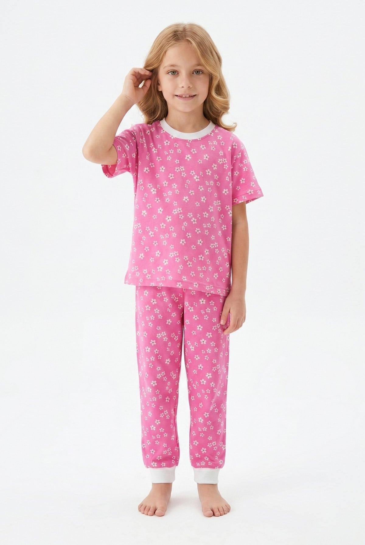 Kız Çocuk Çiçek Desenli %100 Pamuk Reaktif Boyama Süprem Kumaş Kısa Kollu Pijama Takımı