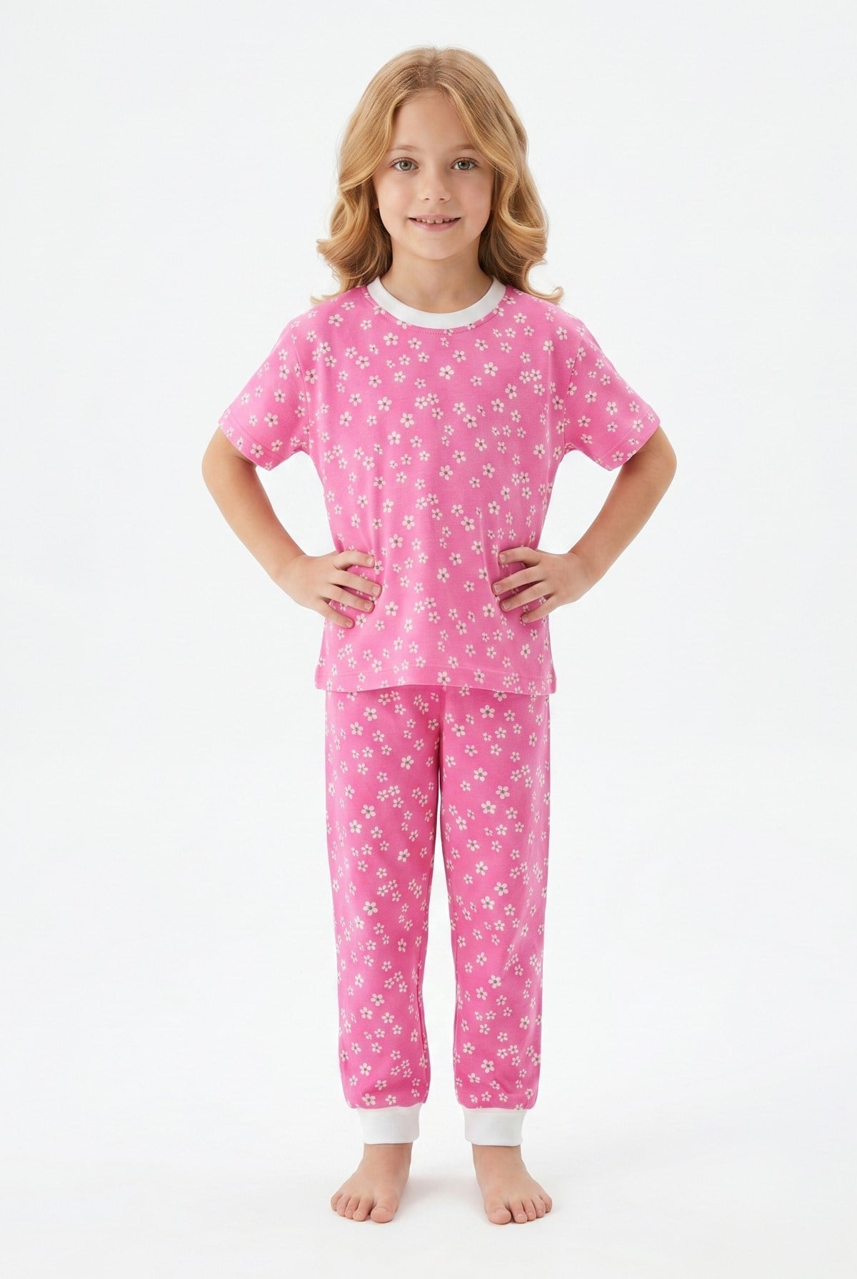 Kız Çocuk Çiçek Desenli %100 Pamuk Reaktif Boyama Süprem Kumaş Kısa Kollu Pijama Takımı
