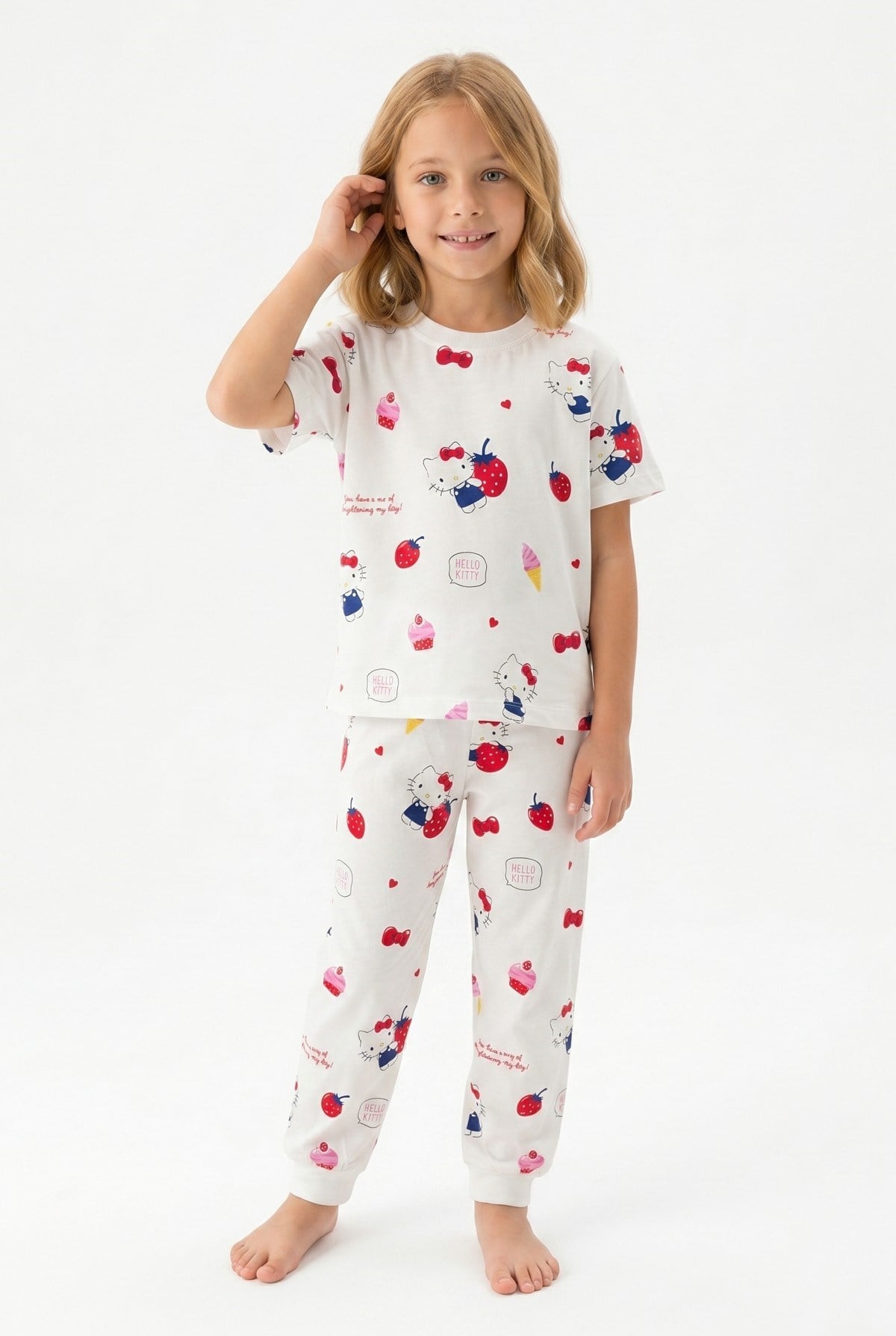 Kız Çocuk Çilek ve Dondurma Desenli %100 Pamuk Reaktif Boyama Süprem Kumaş Kısa Kollu Pijama Takımı