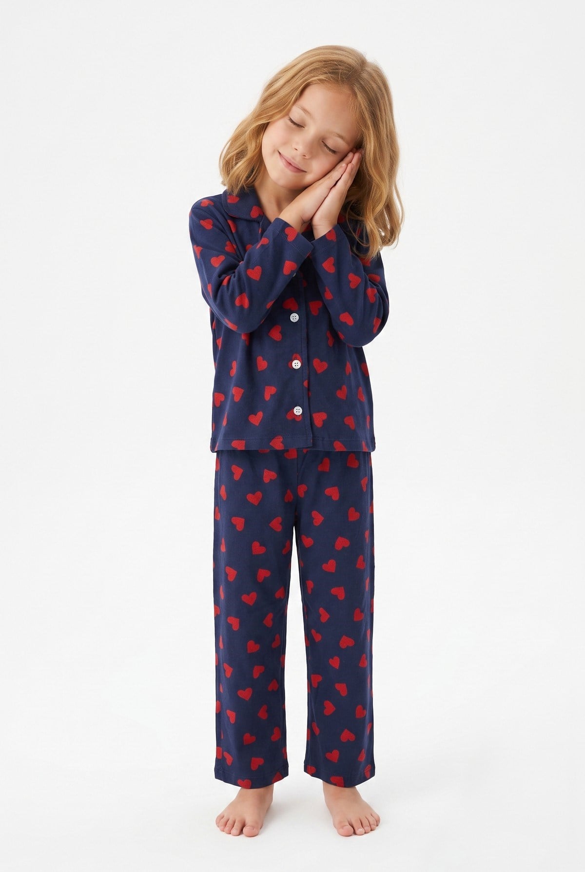 Kız Çocuk Düğmeli Kalp Baskılı %100 Pamuk Süprem Kumaş Reaktif Boyama Uzun Kollu Pijama Takımı