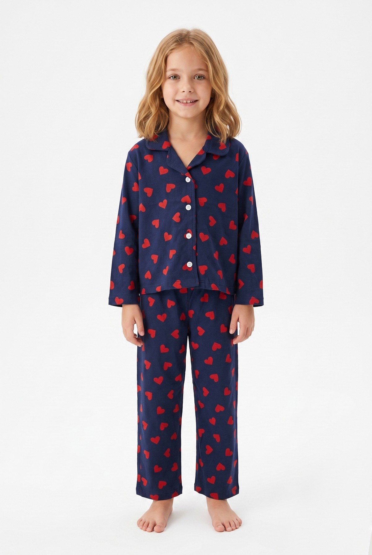 Kız Çocuk Düğmeli Kalp Baskılı %100 Pamuk Süprem Kumaş Reaktif Boyama Uzun Kollu Pijama Takımı