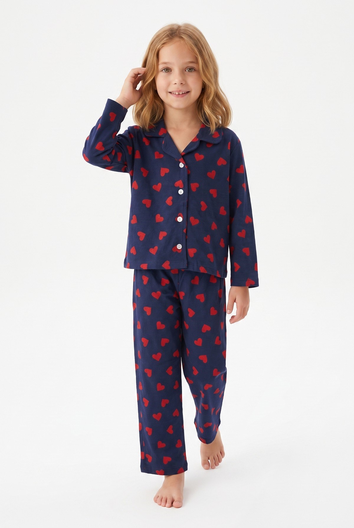 Kız Çocuk Düğmeli Kalp Baskılı %100 Pamuk Süprem Kumaş Reaktif Boyama Uzun Kollu Pijama Takımı