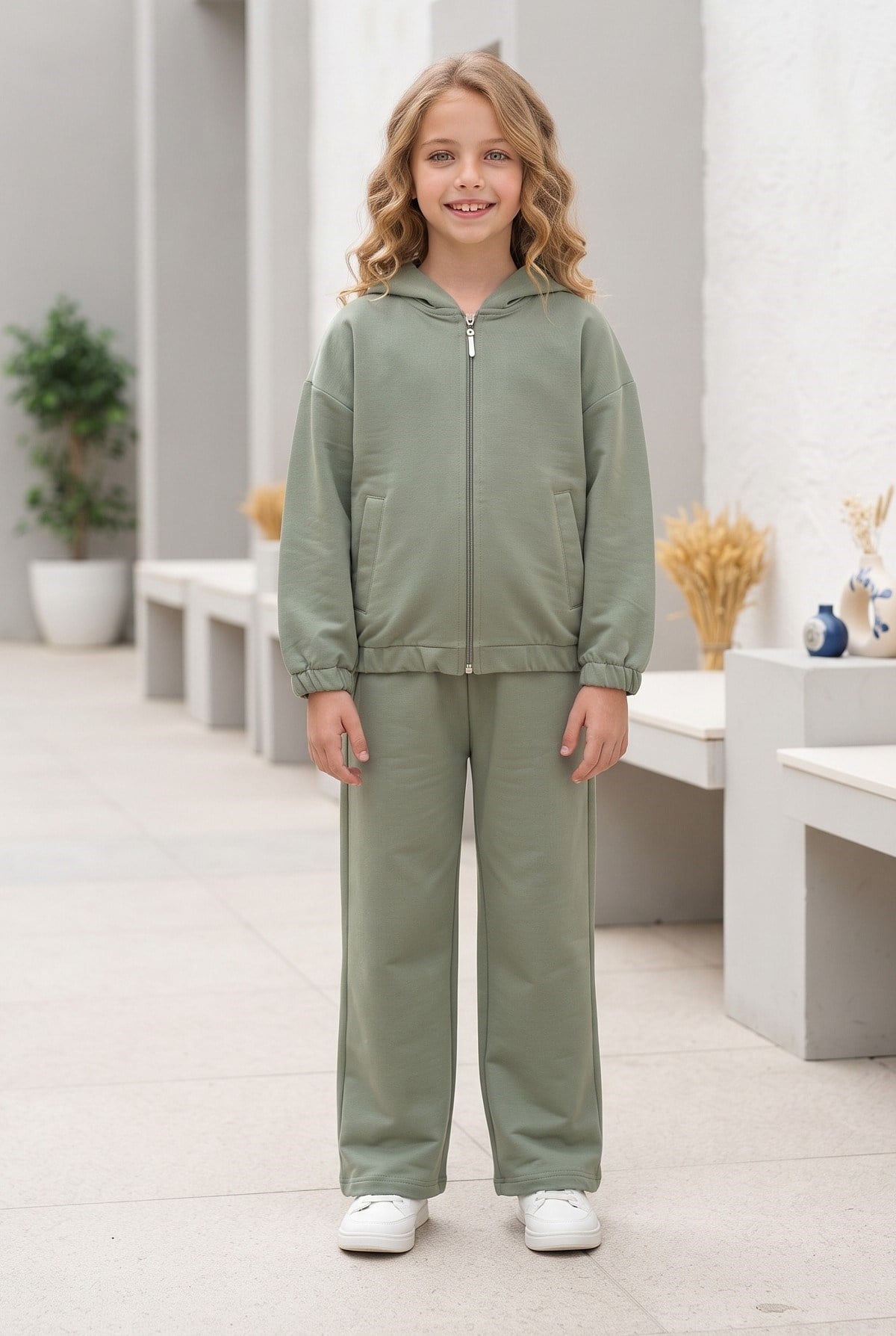 Kız Çocuk Kapüşonlu Fermuarlı Filoto Cepli İki İplik Fırçalı Kumaş Eteği Lastikli Hırka Cepli Pantolonlu Takım