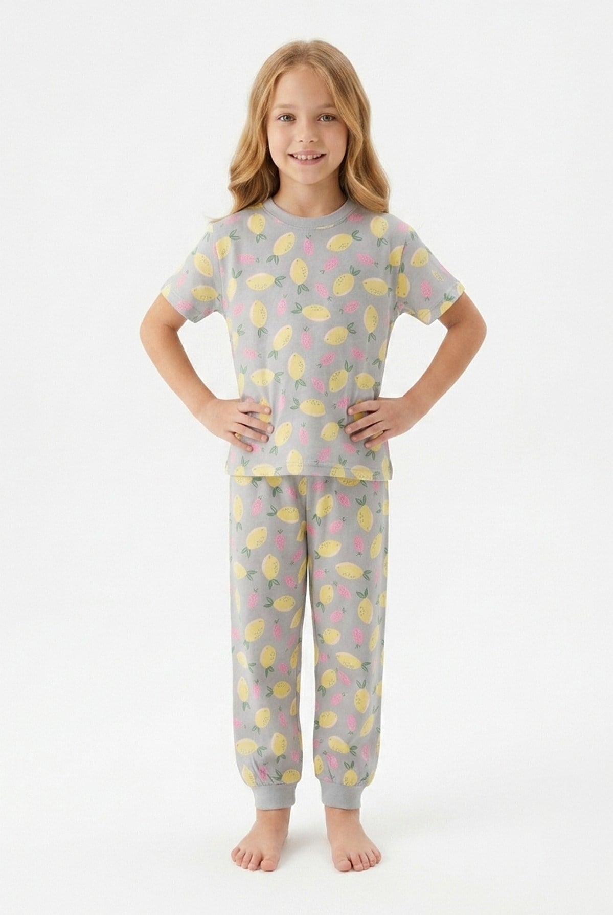 Kız Çocuk Limon Desenli %100 Pamuk Reaktif Boyama Süprem Kumaş Kısa Kollu Pijama Takımı