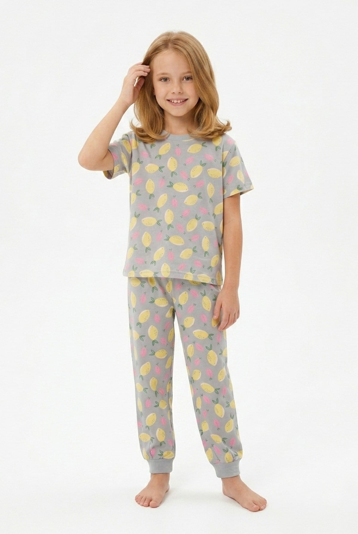 Kız Çocuk Limon Desenli %100 Pamuk Reaktif Boyama Süprem Kumaş Kısa Kollu Pijama Takımı