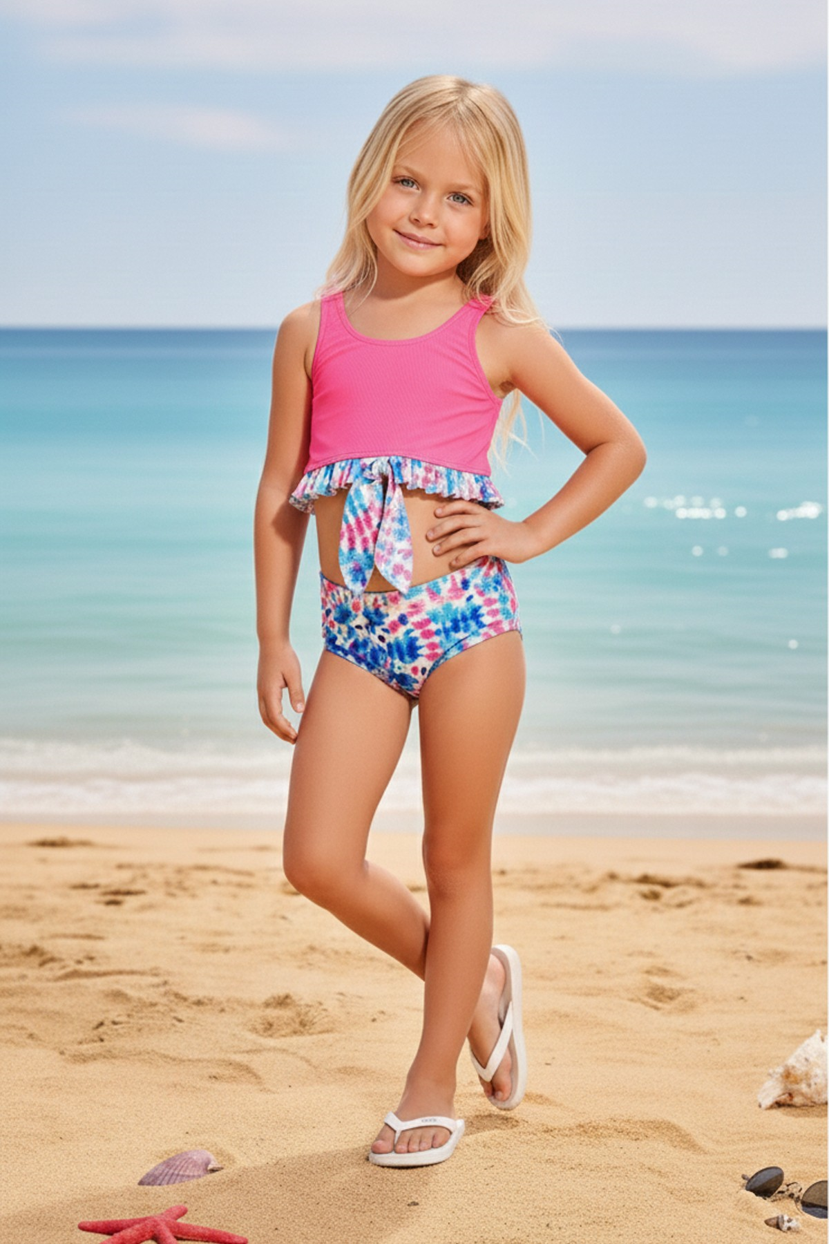 Kız Çocuk Polyester + Elastan Göğsü Fırfırlı ve Düğüm Detaylı Altı Renkli Tie Dye Desenli İki Parça Bikini Mayo