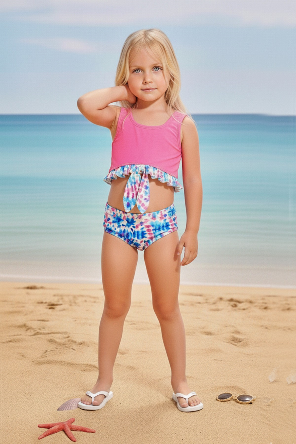 Kız Çocuk Polyester + Elastan Göğsü Fırfırlı ve Düğüm Detaylı Altı Renkli Tie Dye Desenli İki Parça Bikini Mayo
