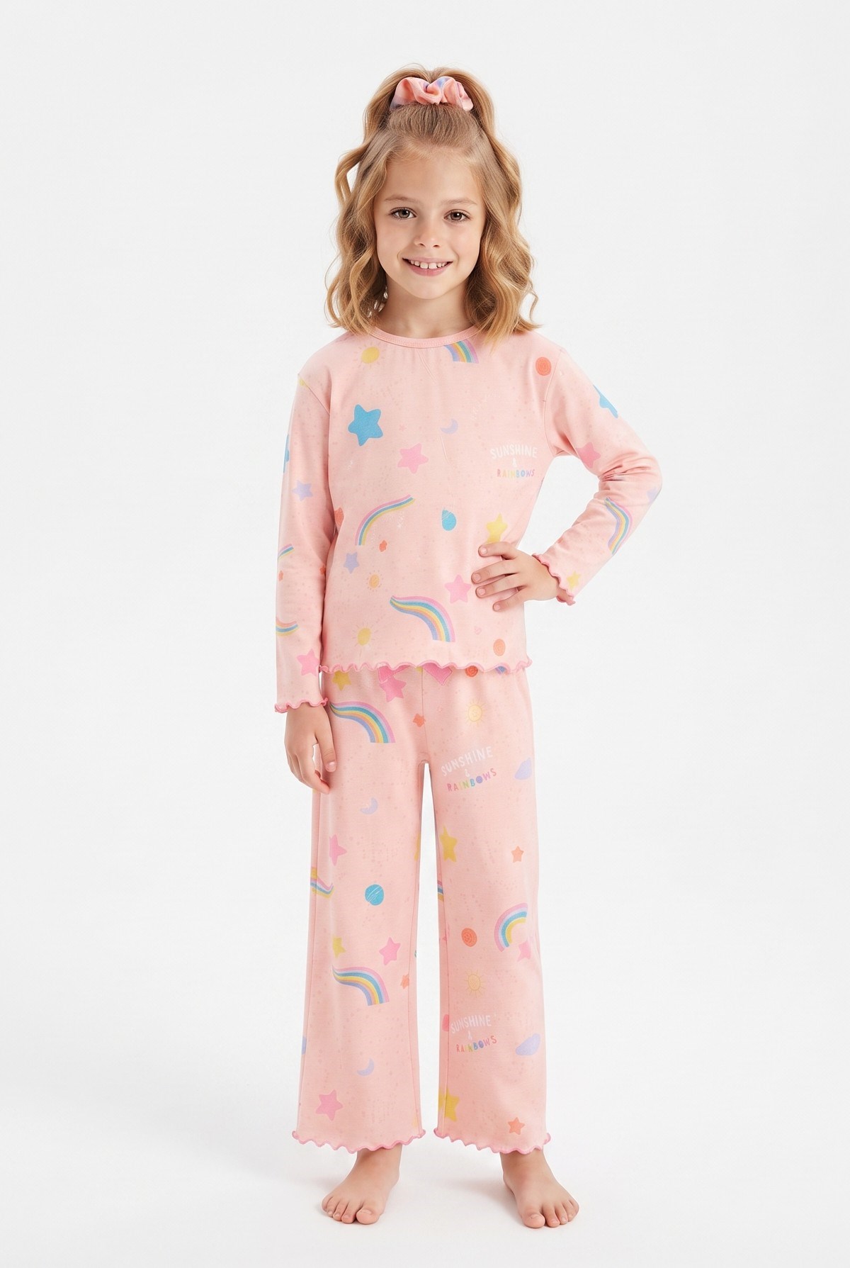 Kız Çocuk Tokalı  Gökkuşağı ve Yıldız Desenli %100 Pamuk Uzun Kollu Pijama Takımı