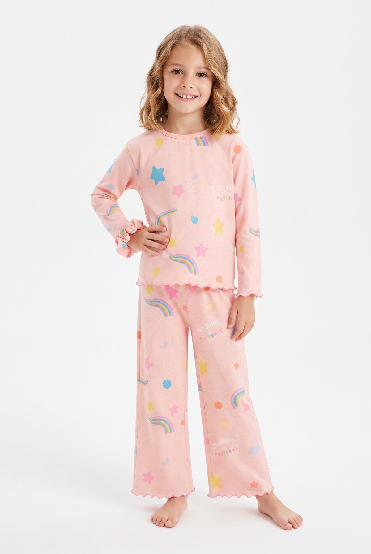 Kız Çocuk Tokalı  Gökkuşağı ve Yıldız Desenli %100 Pamuk Uzun Kollu Pijama Takımı
