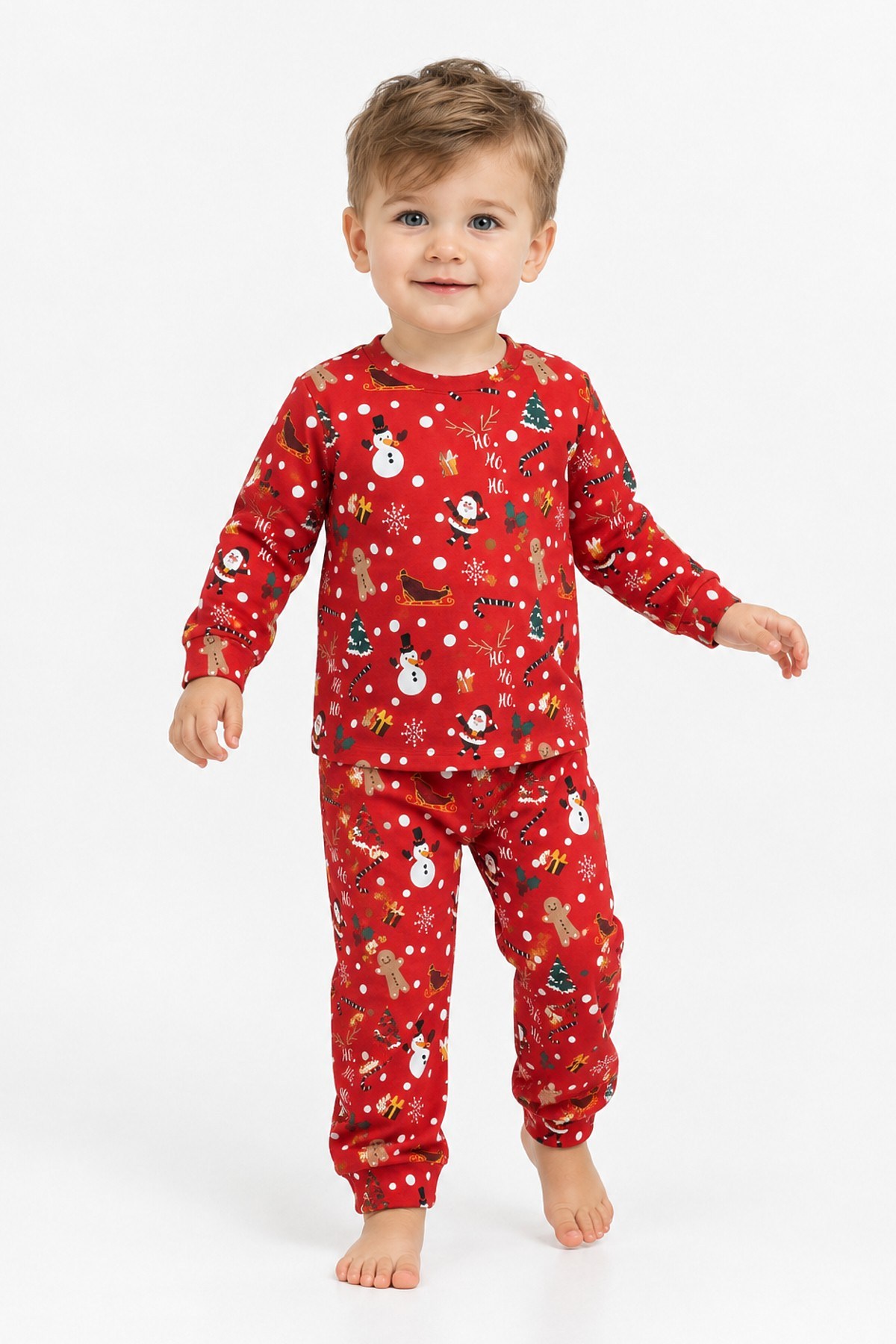 Üniseks Bebek Yılbaşı Desenli %100 Pamuk Reaktif Boyama İnterlok Kumaş Uzun Kollu Pijama Takımı