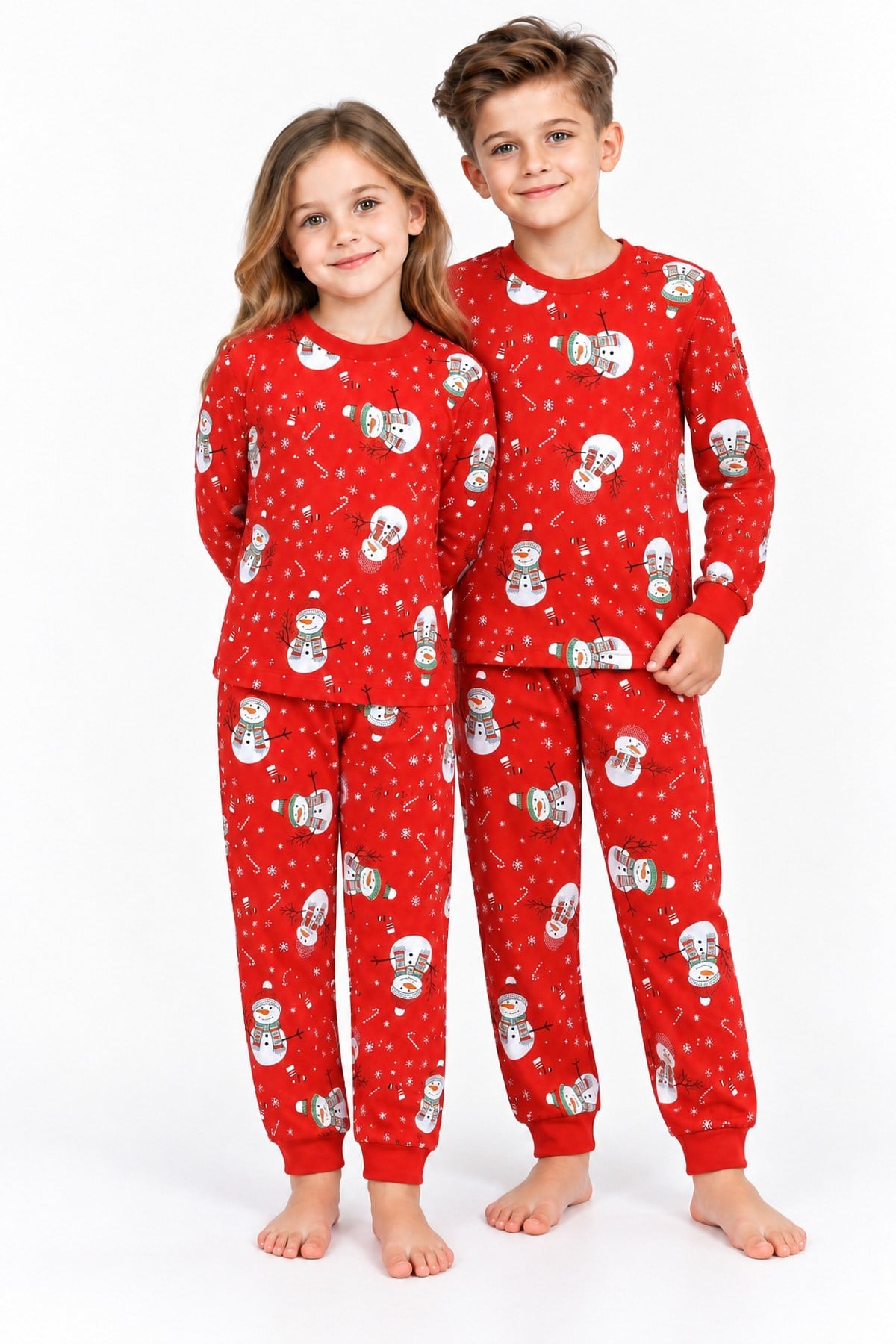 Üniseks Çocuk Kardan Adam Desenli %100 Pamuk Reaktif Boyama Süprem Kumaş Uzun Kollu Pijama Takımı