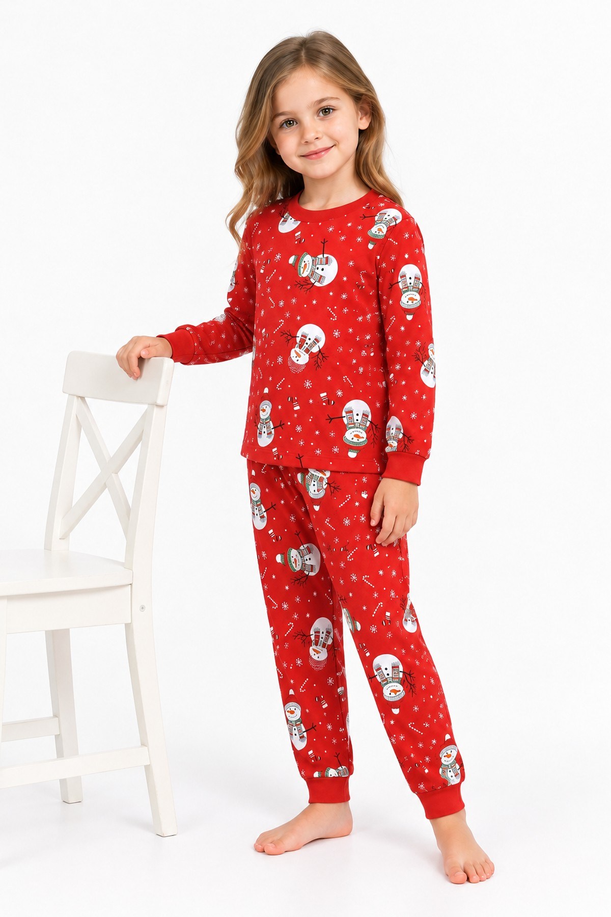 Üniseks Çocuk Kardan Adam Desenli %100 Pamuk Reaktif Boyama Süprem Kumaş Uzun Kollu Pijama Takımı