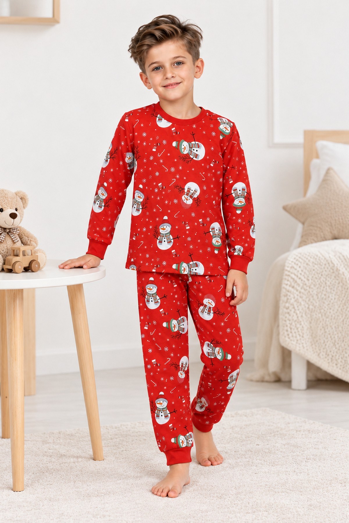 Üniseks Çocuk Kardan Adam Desenli %100 Pamuk Reaktif Boyama Süprem Kumaş Uzun Kollu Pijama Takımı