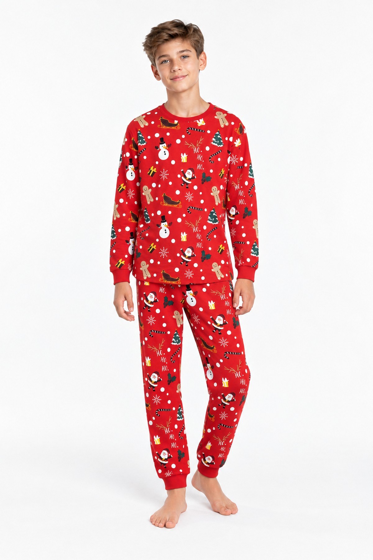 Üniseks Garson Çocuk Yılbaşı Desenli %100 Pamuk Reaktif Boyama İnterlok Kumaş Uzun Kollu Pijama Takımı