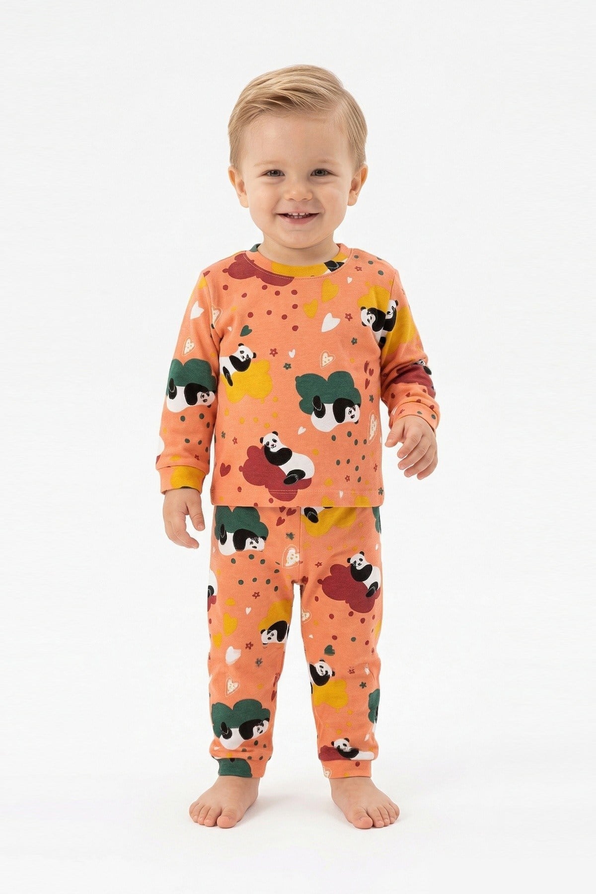 Unisex Panda ve Kalp Desenli %100 Pamuk Reaktif Boyama İnterlok Kumaş Uzun Kollu Pijama Takımı