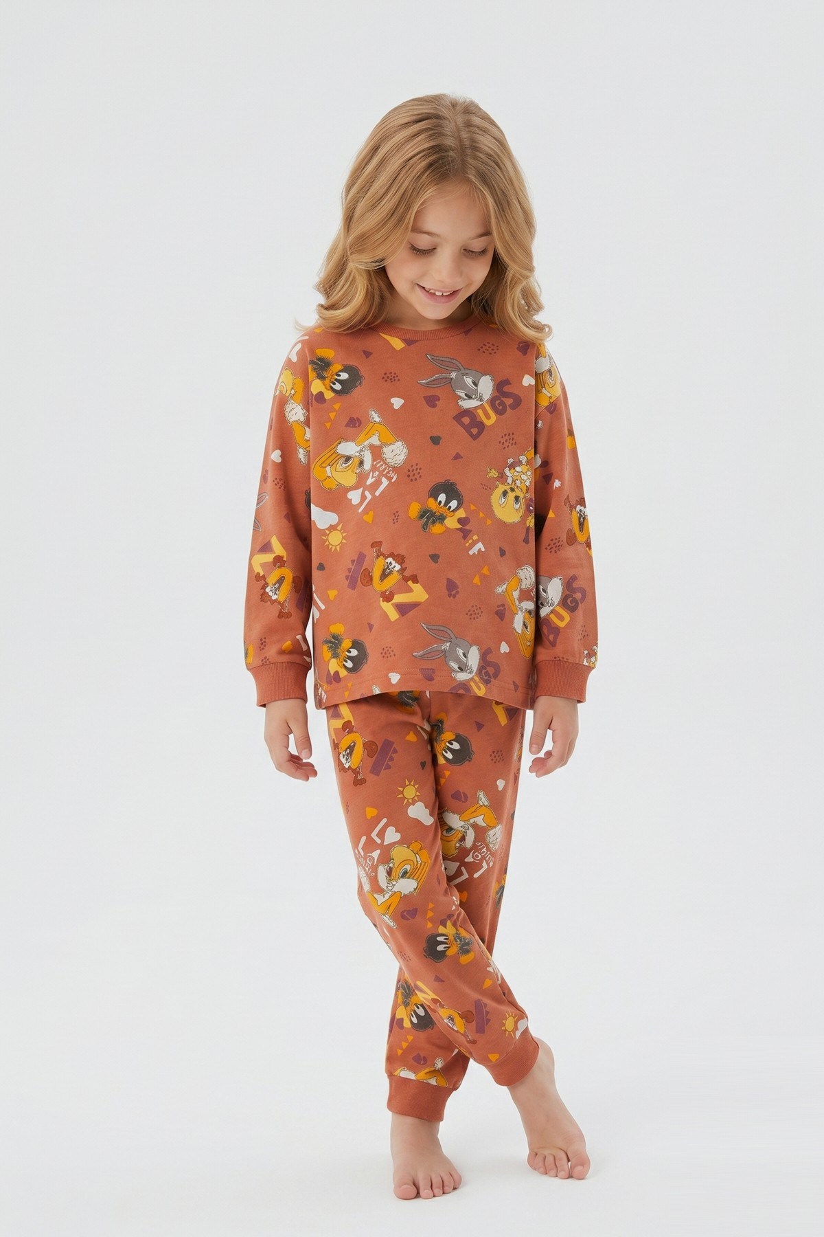 Unisex Tavşan Ve Ördek Desenli %100 Pamuk Reaktif Boyalı Süprem Kumaş Uzun Kollu Pijama Takımı