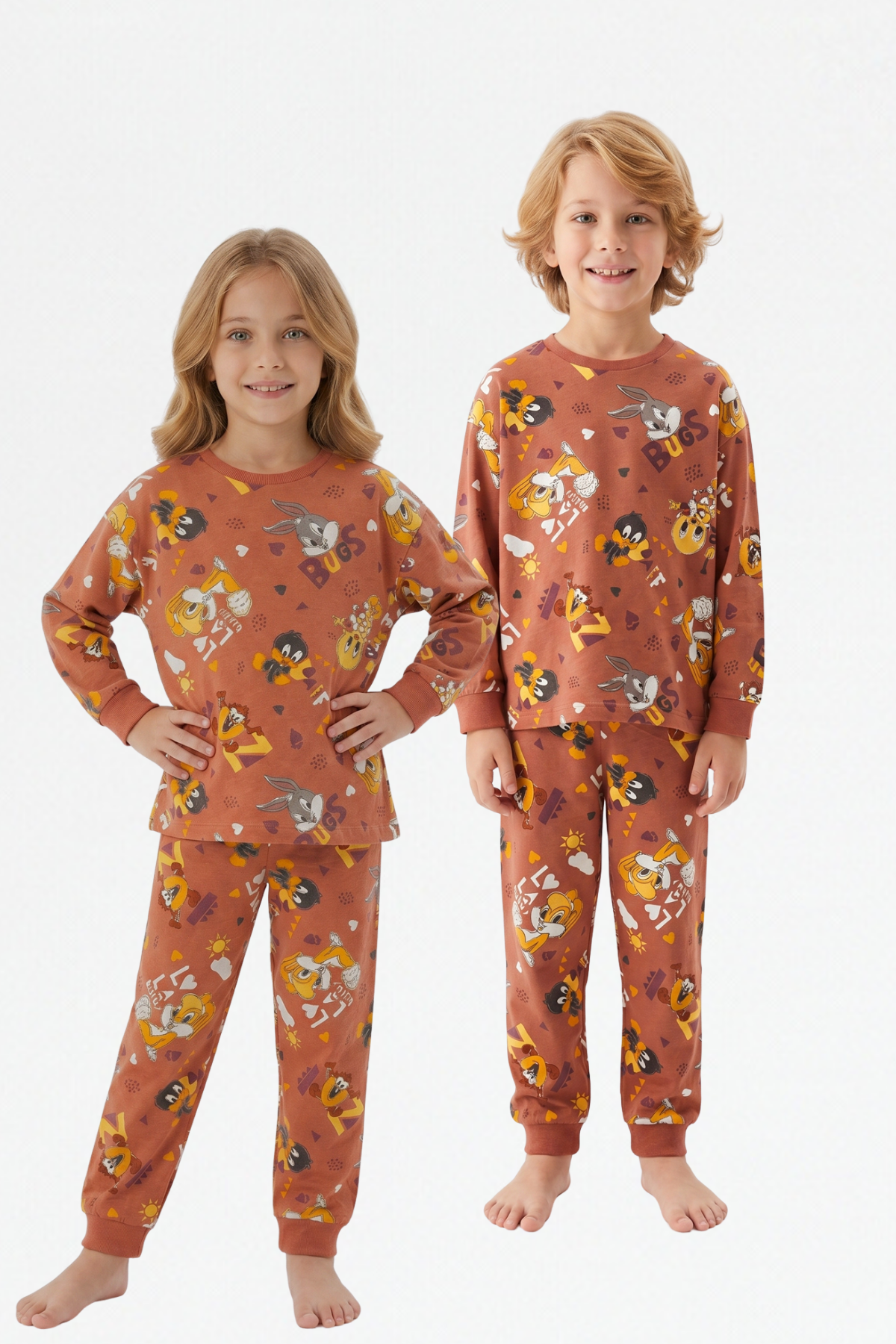 Unisex Tavşan Ve Ördek Desenli %100 Pamuk Reaktif Boyalı Süprem Kumaş Uzun Kollu Pijama Takımı