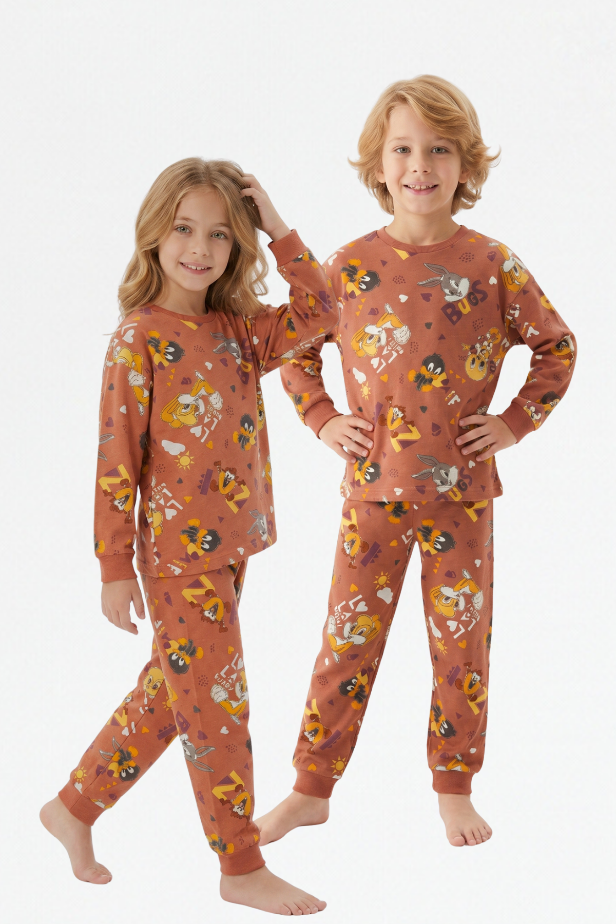 Unisex Tavşan Ve Ördek Desenli %100 Pamuk Reaktif Boyalı Süprem Kumaş Uzun Kollu Pijama Takımı