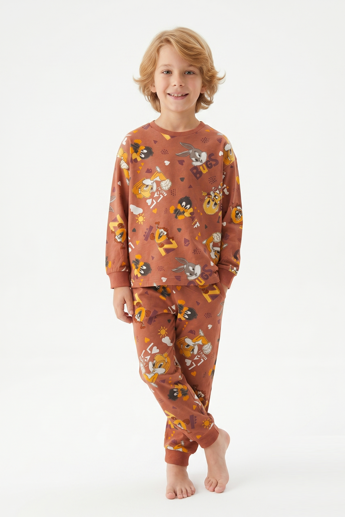 Unisex Tavşan Ve Ördek Desenli %100 Pamuk Reaktif Boyalı Süprem Kumaş Uzun Kollu Pijama Takımı