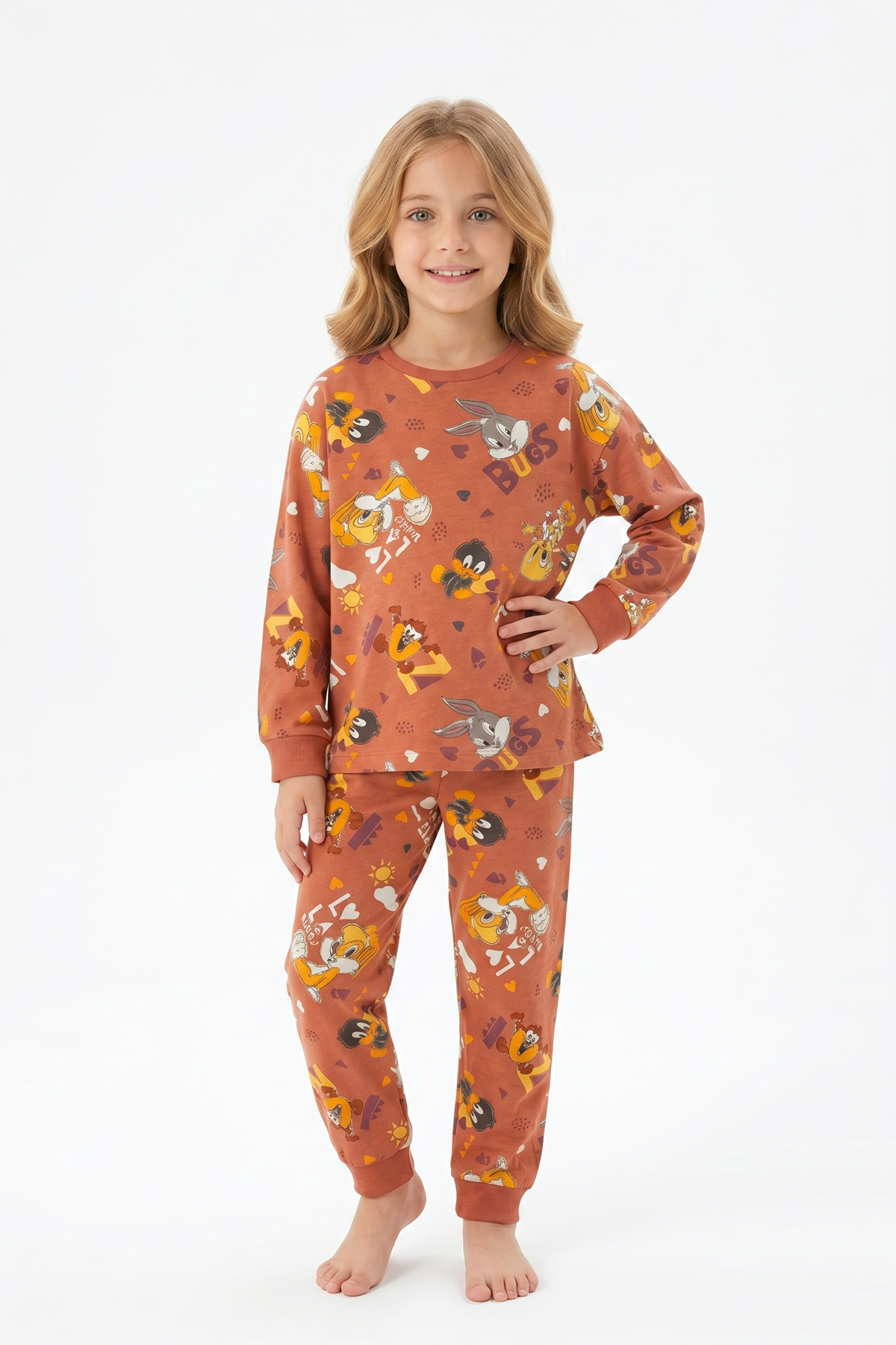 Unisex Tavşan Ve Ördek Desenli %100 Pamuk Reaktif Boyalı Süprem Kumaş Uzun Kollu Pijama Takımı