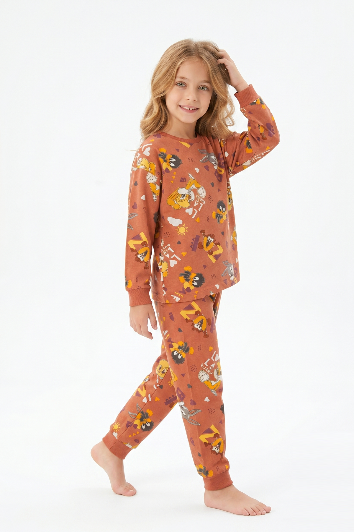 Unisex Tavşan Ve Ördek Desenli %100 Pamuk Reaktif Boyalı Süprem Kumaş Uzun Kollu Pijama Takımı
