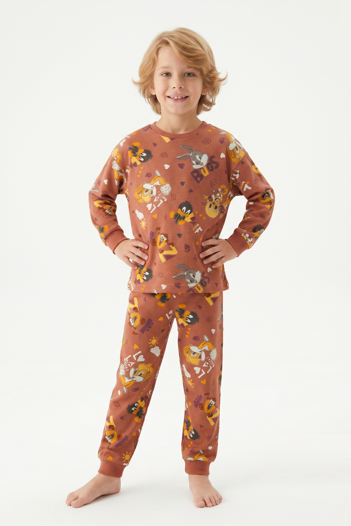 Unisex Tavşan Ve Ördek Desenli %100 Pamuk Reaktif Boyalı Süprem Kumaş Uzun Kollu Pijama Takımı