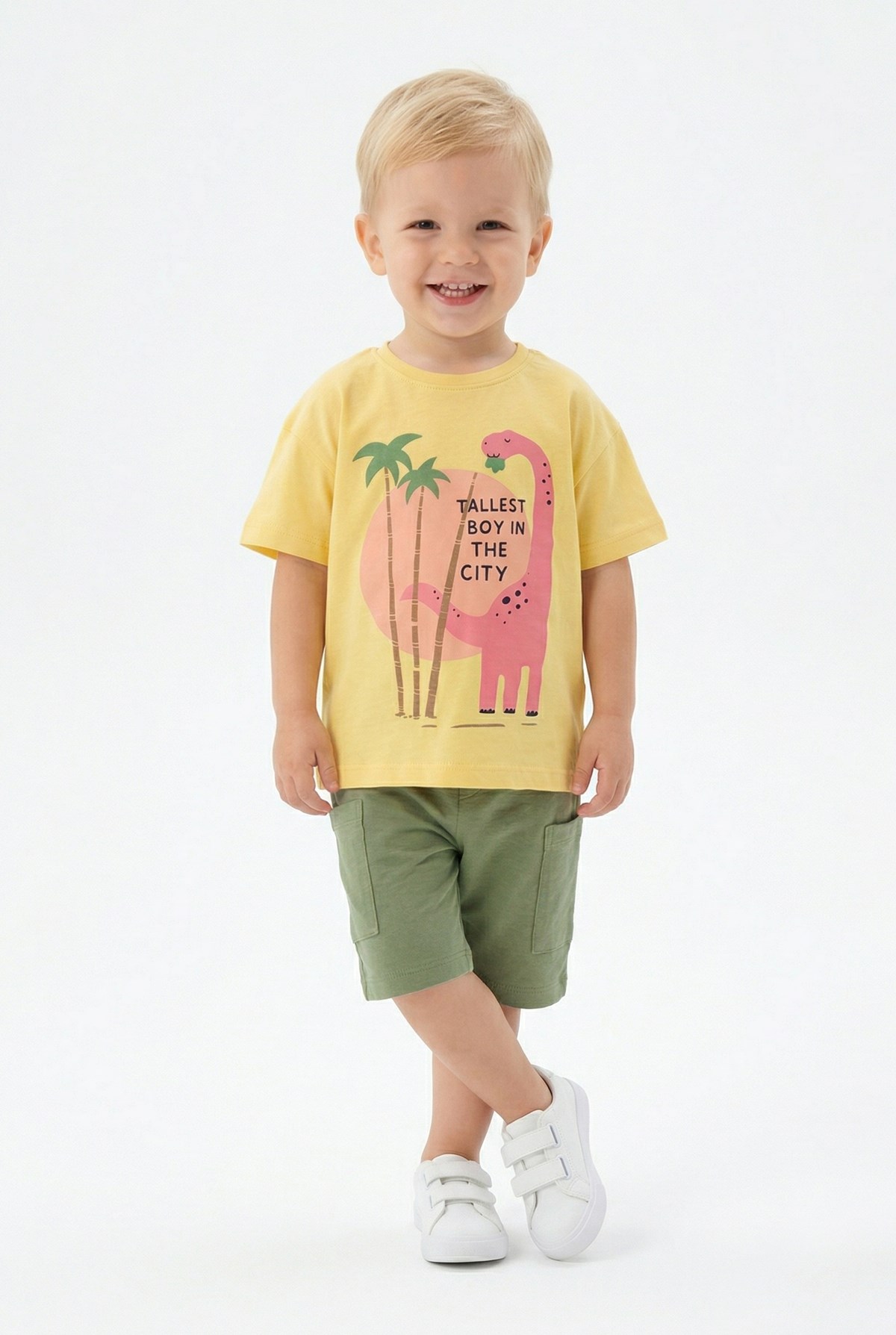Bebek Dinozor Baskılı %100 Cotton Süprem Kumaş Kısa Kollu Tişört Ve Şortlu Takım