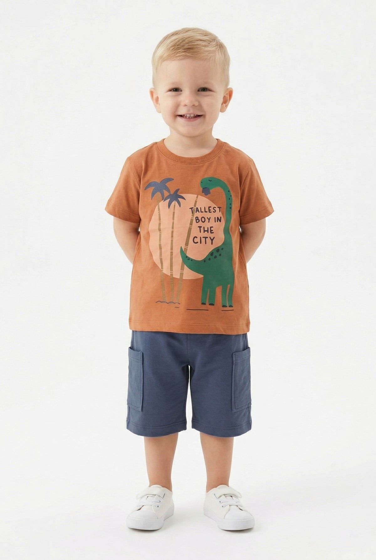 Bebek Dinozor Baskılı %100 Cotton Süprem Kumaş Kısa Kollu Tişört Ve Şortlu Takım