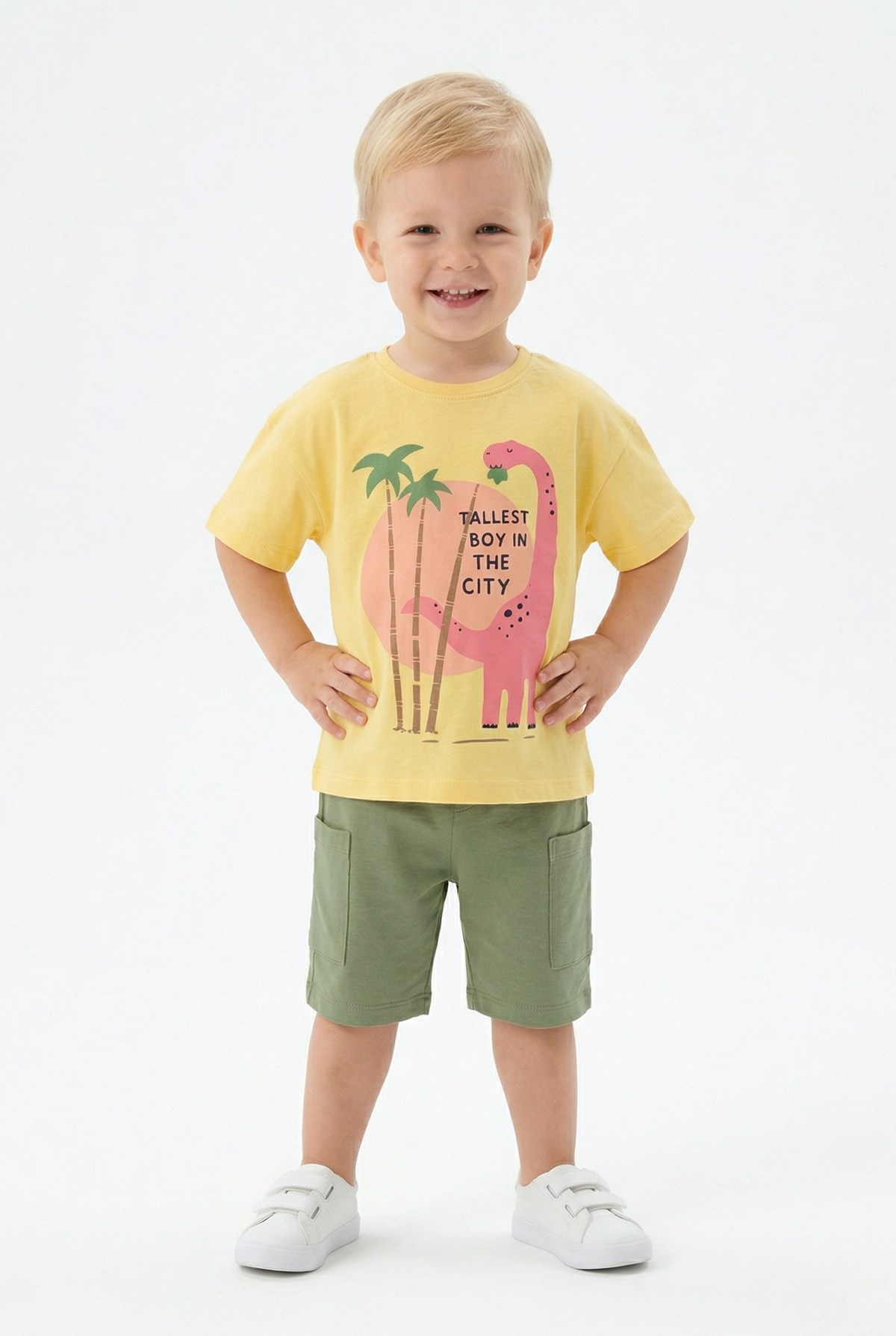 Bebek Dinozor Baskılı %100 Cotton Süprem Kumaş Kısa Kollu Tişört Ve Şortlu Takım