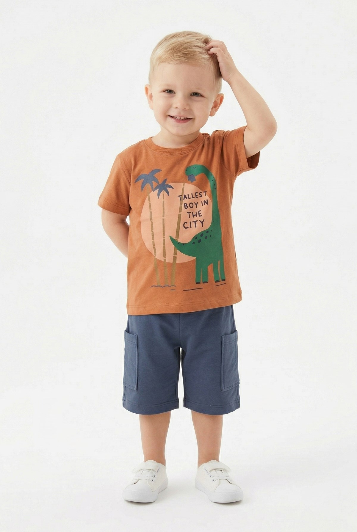 Bebek Dinozor Baskılı %100 Cotton Süprem Kumaş Kısa Kollu Tişört Ve Şortlu Takım
