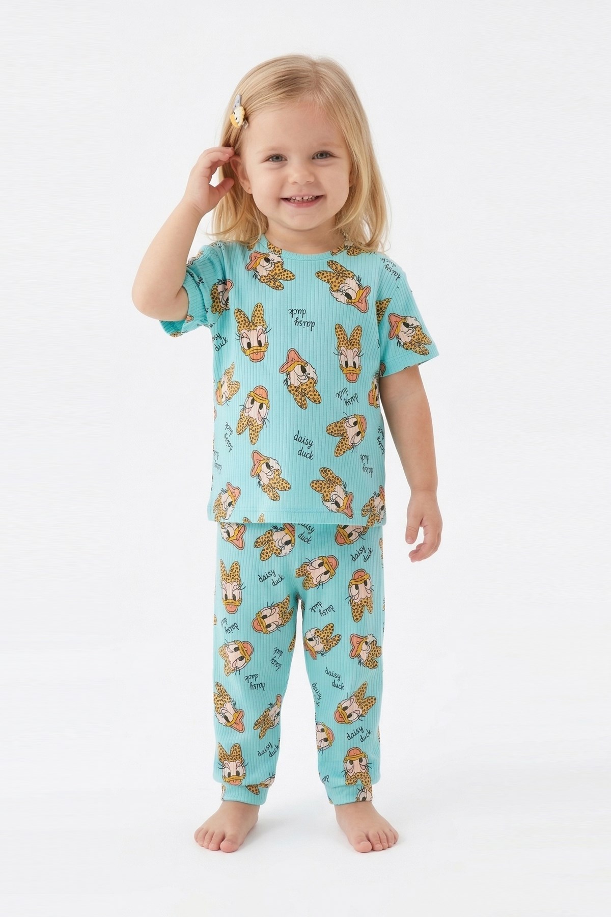 Bebek  Ördek Figürlü ve Leopar Fiyonk Desenli %100 Pamuk İnterlok Kumaş Kısa Kollu Pijama Takımı