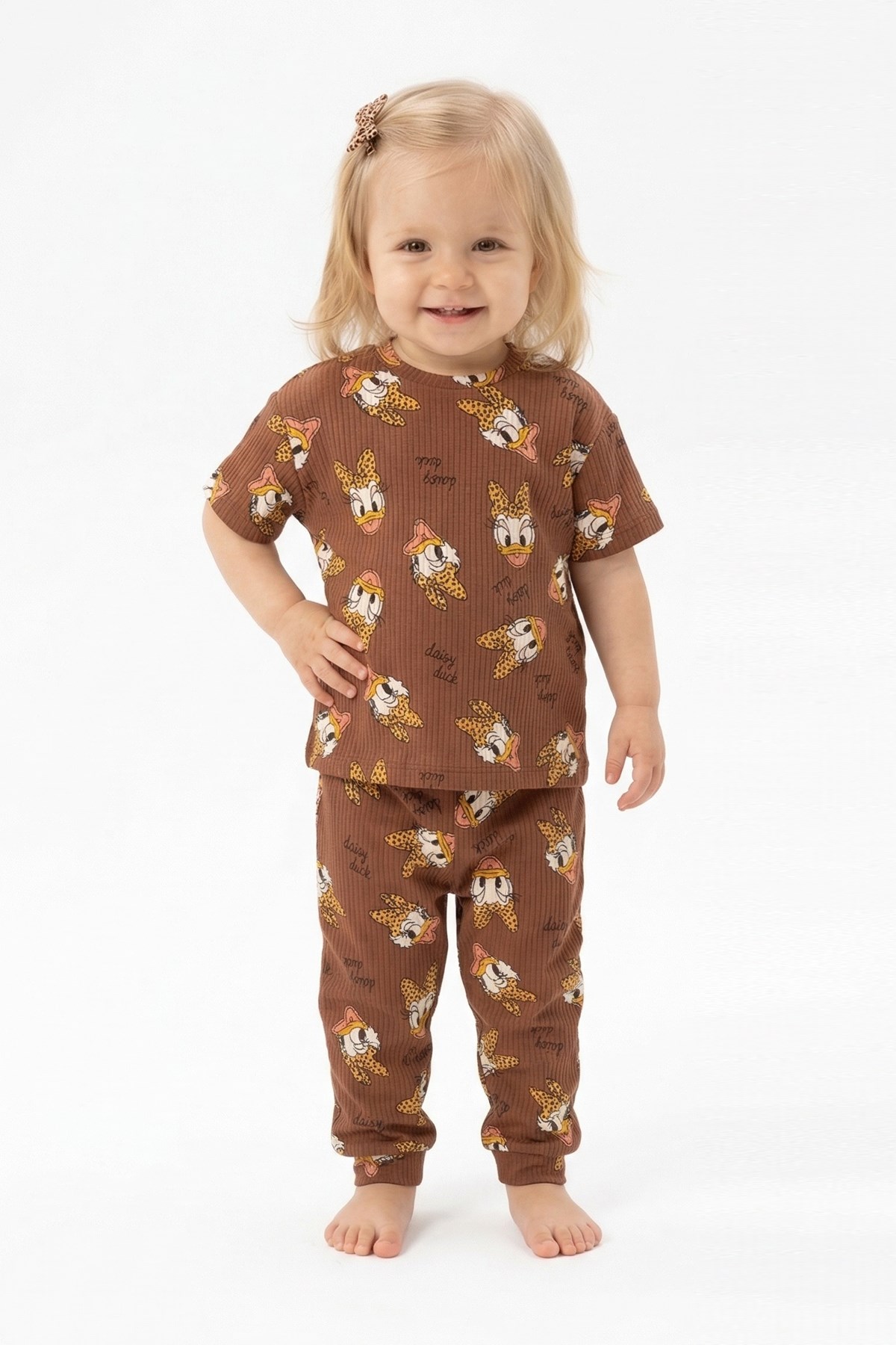 Bebek  Ördek Figürlü ve Leopar Fiyonk Desenli %100 Pamuk İnterlok Kumaş Kısa Kollu Pijama Takımı