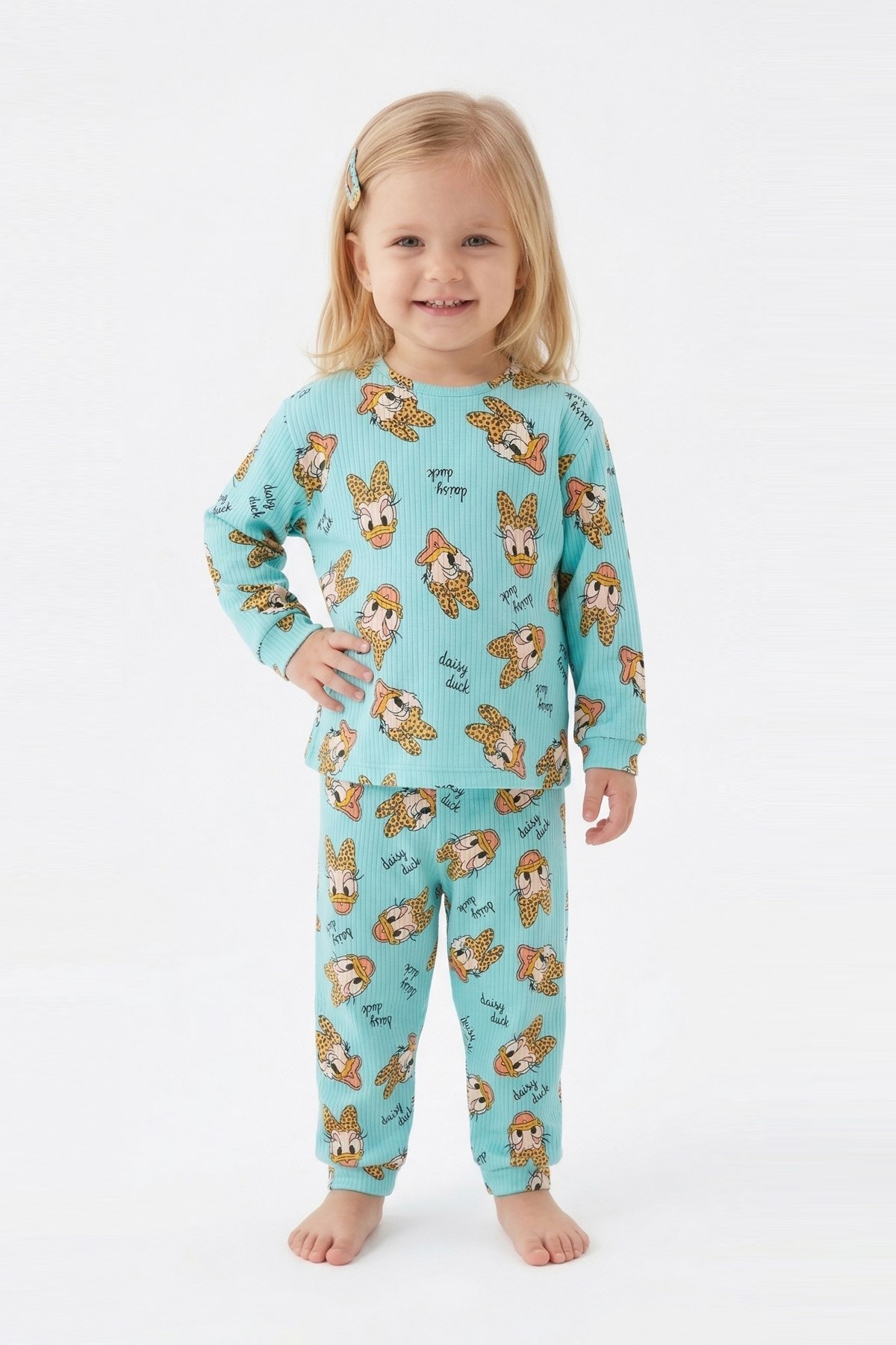Bebek  Ördek Figürlü ve Leopar Fiyonk Desenli %100 Pamuk İnterlok Kumaş Kısa Kollu Pijama Takımı
