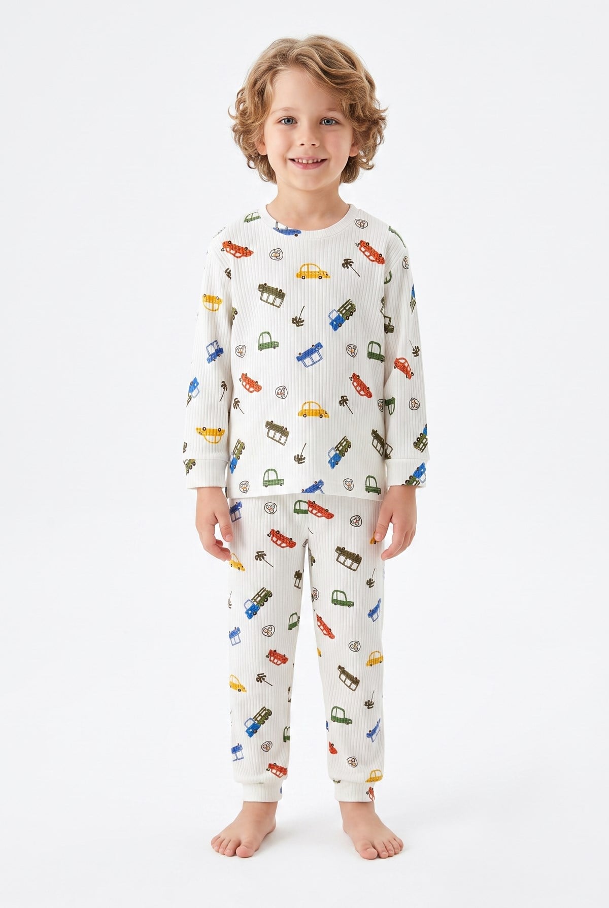 Erkek Çocuk %100 Pamuk Reaktif Boyalı İnterlok Kumaş Eğlenceli Araç Baskılı Pijama Takımı