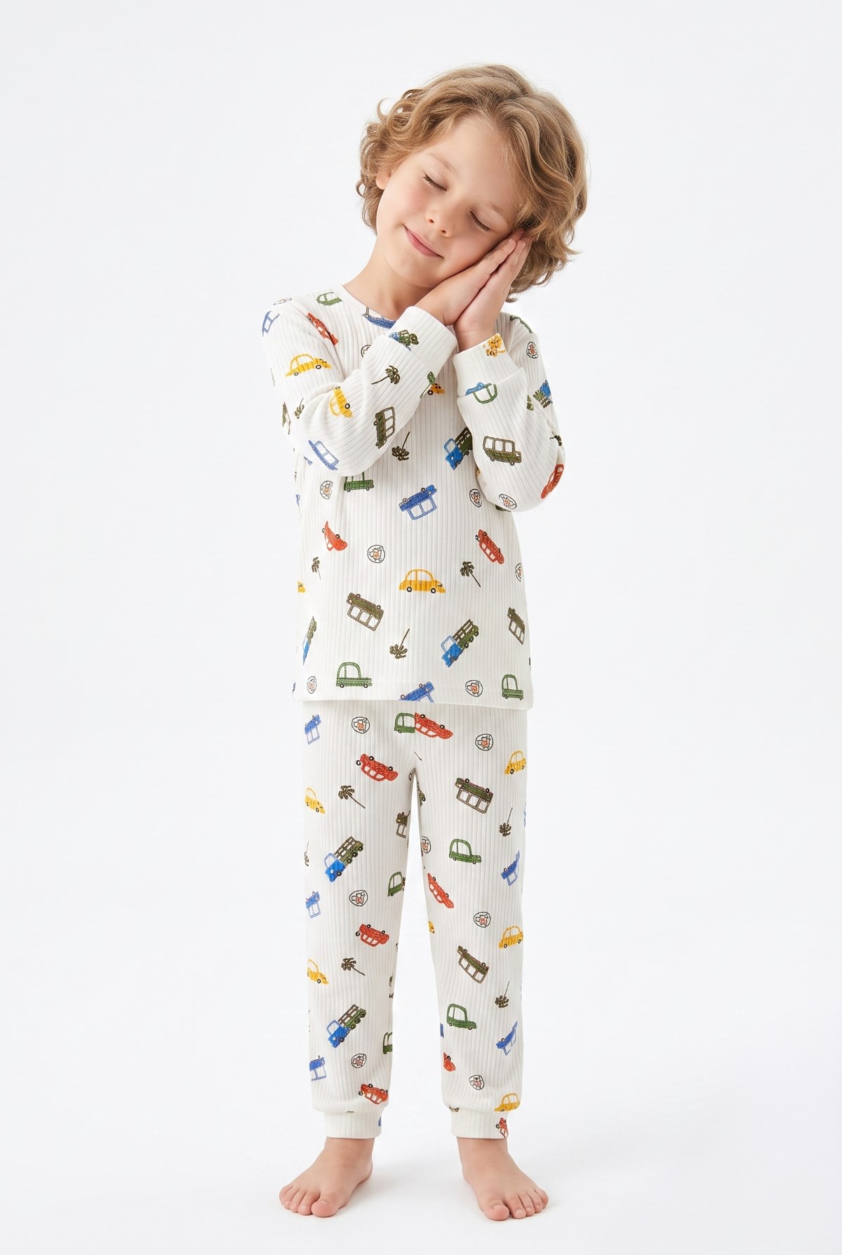 Erkek Çocuk %100 Pamuk Reaktif Boyalı İnterlok Kumaş Eğlenceli Araç Baskılı Pijama Takımı