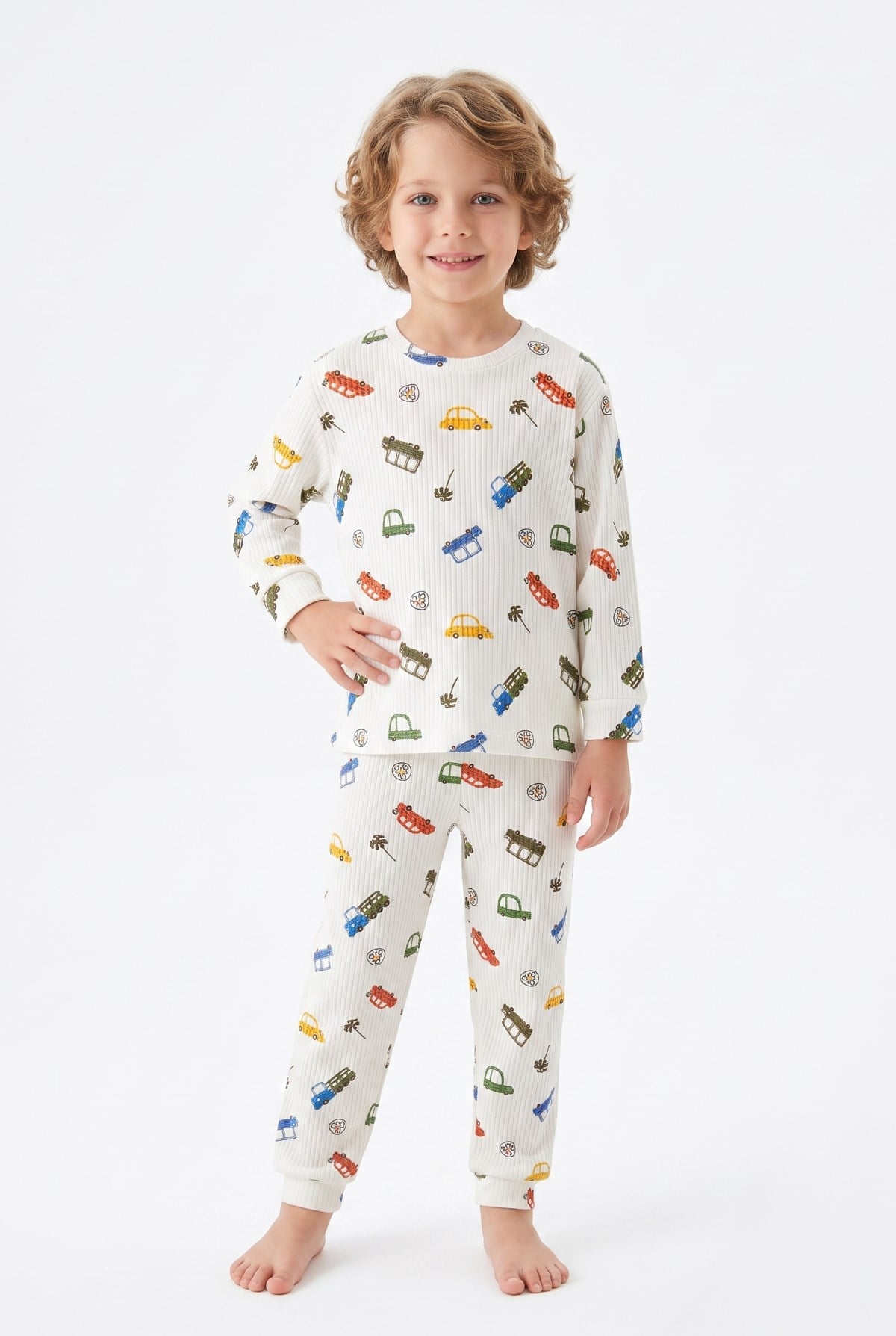 Erkek Çocuk %100 Pamuk Reaktif Boyalı İnterlok Kumaş Eğlenceli Araç Baskılı Pijama Takımı