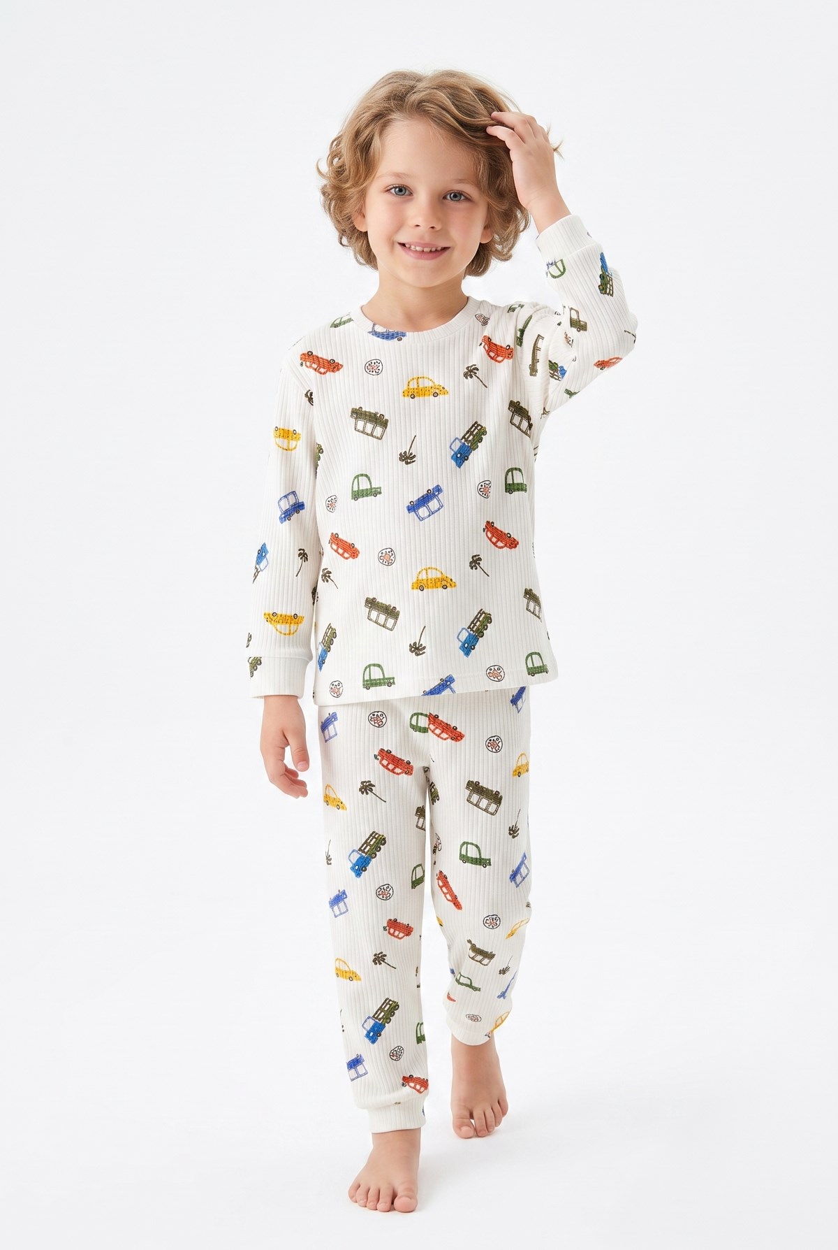 Erkek Çocuk %100 Pamuk Reaktif Boyalı İnterlok Kumaş Eğlenceli Araç Baskılı Pijama Takımı