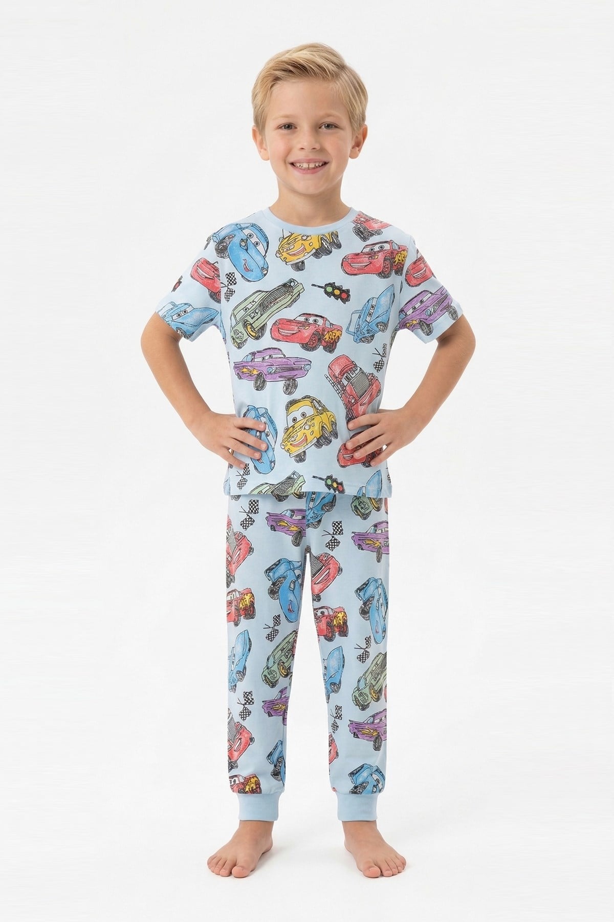 Erkek Çocuk Araba Baskılı %100 Pamuk Reaktif Boyama Süprem Pijama Takımı