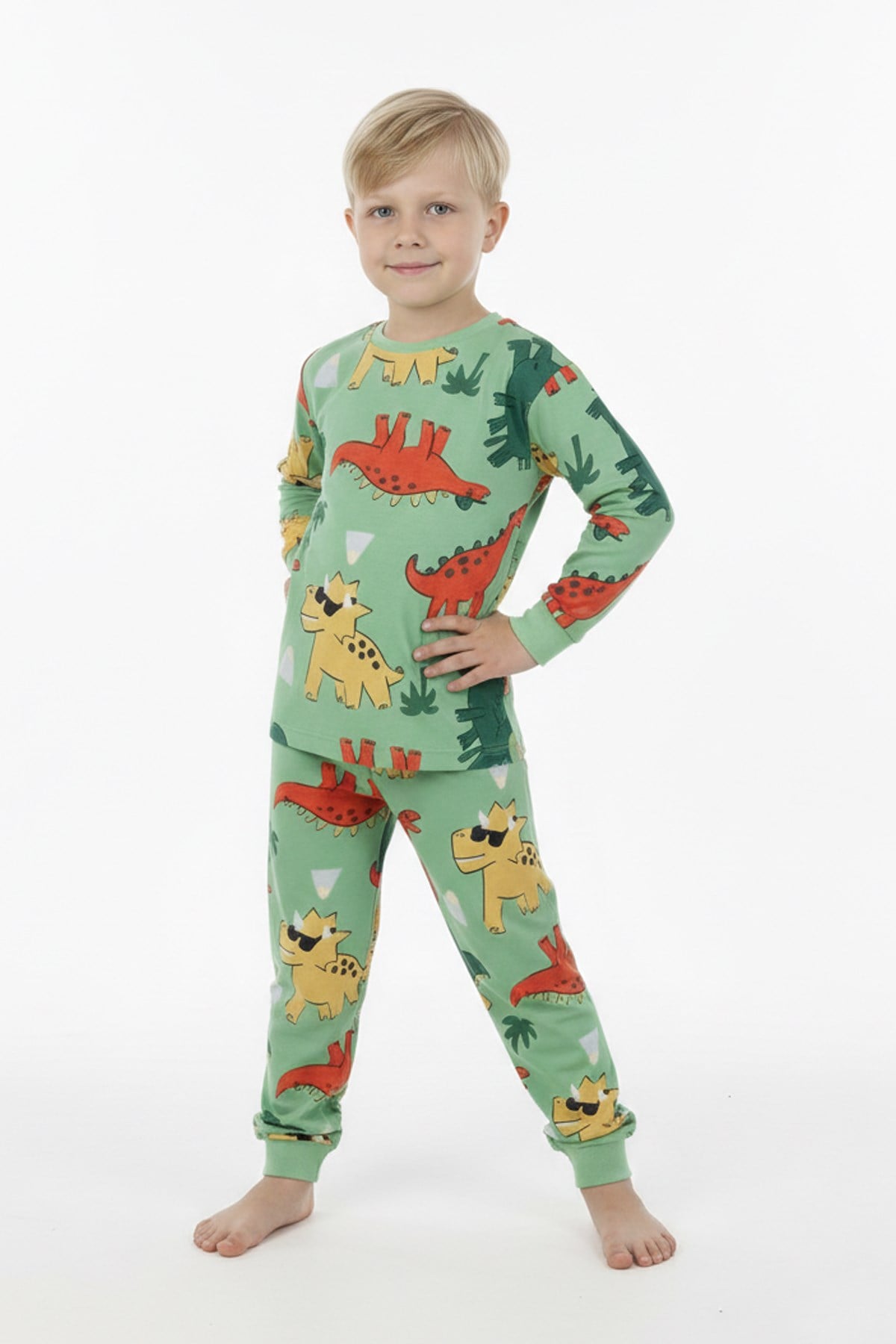 Erkek Çocuk Dinozor Desenli %100 Pamuk Reaktif Boyalı Süprem Kumaş Uzun Kollu Pijama Takımı