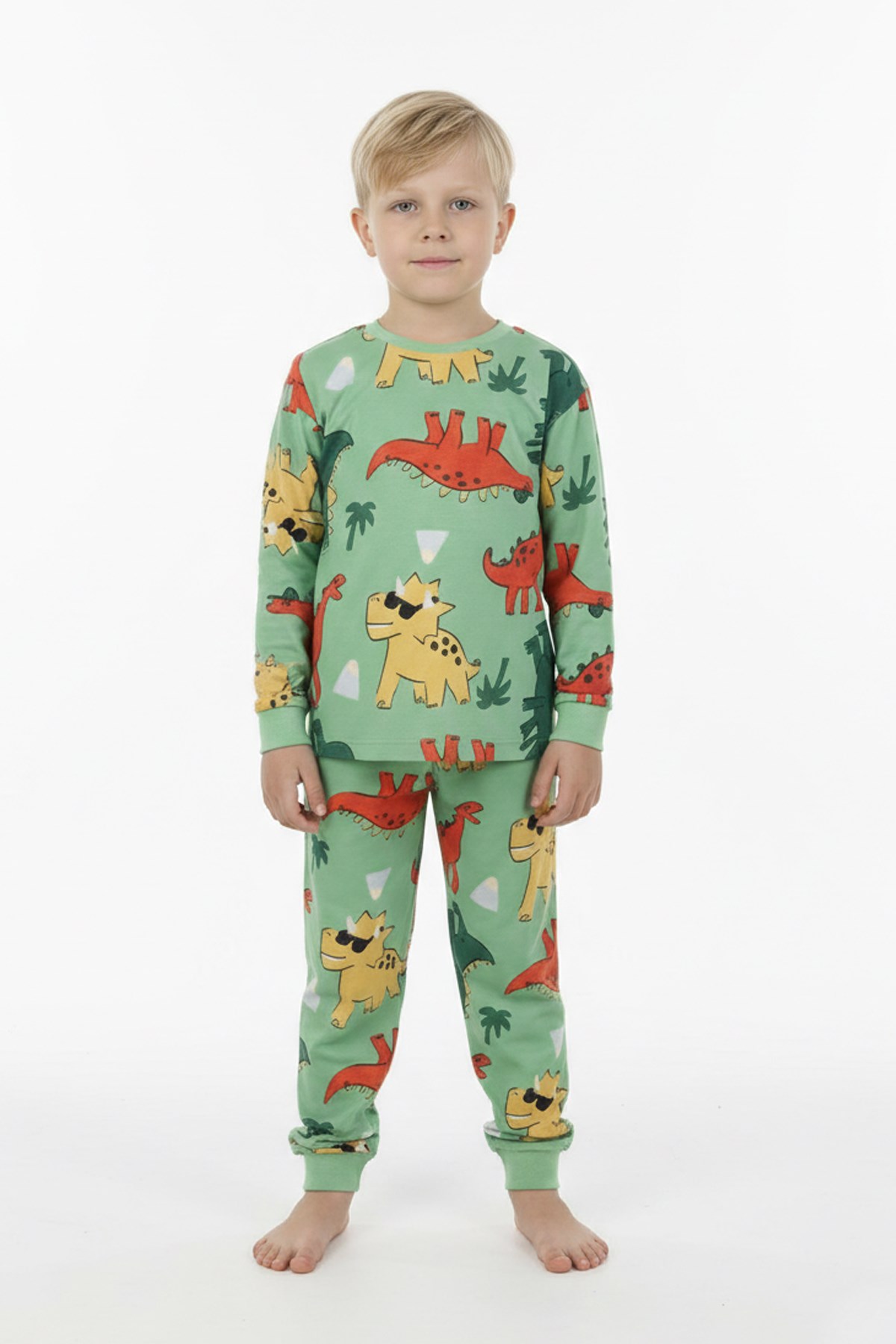 Erkek Çocuk Dinozor Desenli %100 Pamuk Reaktif Boyalı Süprem Kumaş Uzun Kollu Pijama Takımı