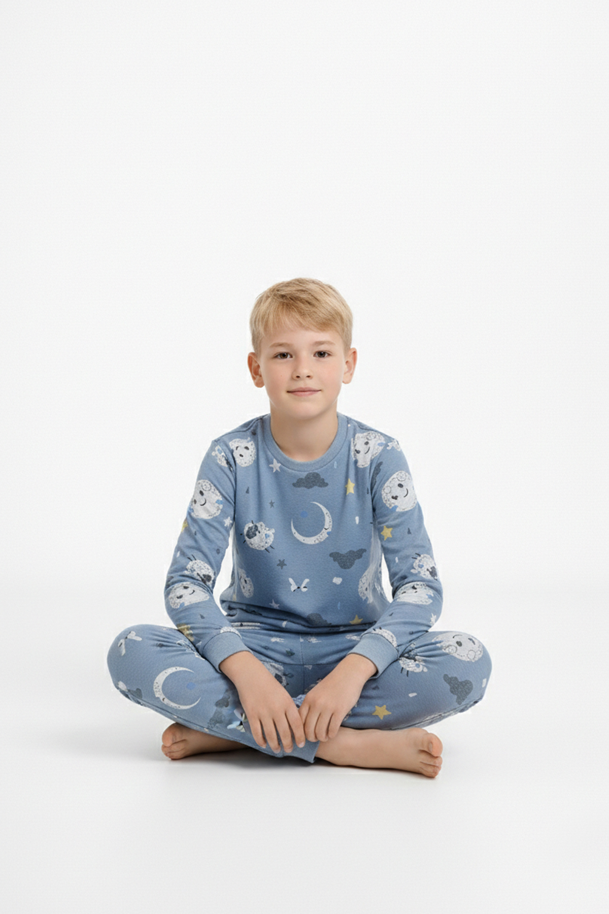 Garson Üniseks Çocuk Ay ve Yıldız Desenli %100 Pamuk Reaktif Boyalı Süprem Kumaş Uzun Kollu Pijama Takımı