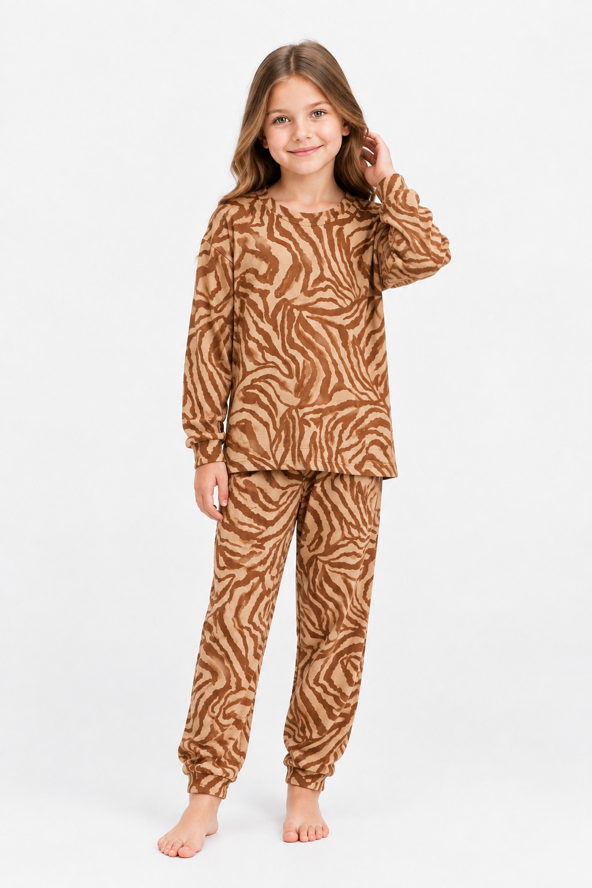 Kız Çocuk Baskılı %100 Pamuk Reaktif Boyalı Süprem Kumaş Uzun Kollu Pijama Takımı