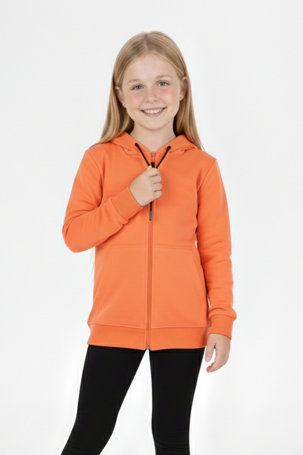 Kız Çocuk Fermuarlı Kapüşonlu Kanguru Cepli Düz Fırçalı İki İplik Sweatshirt