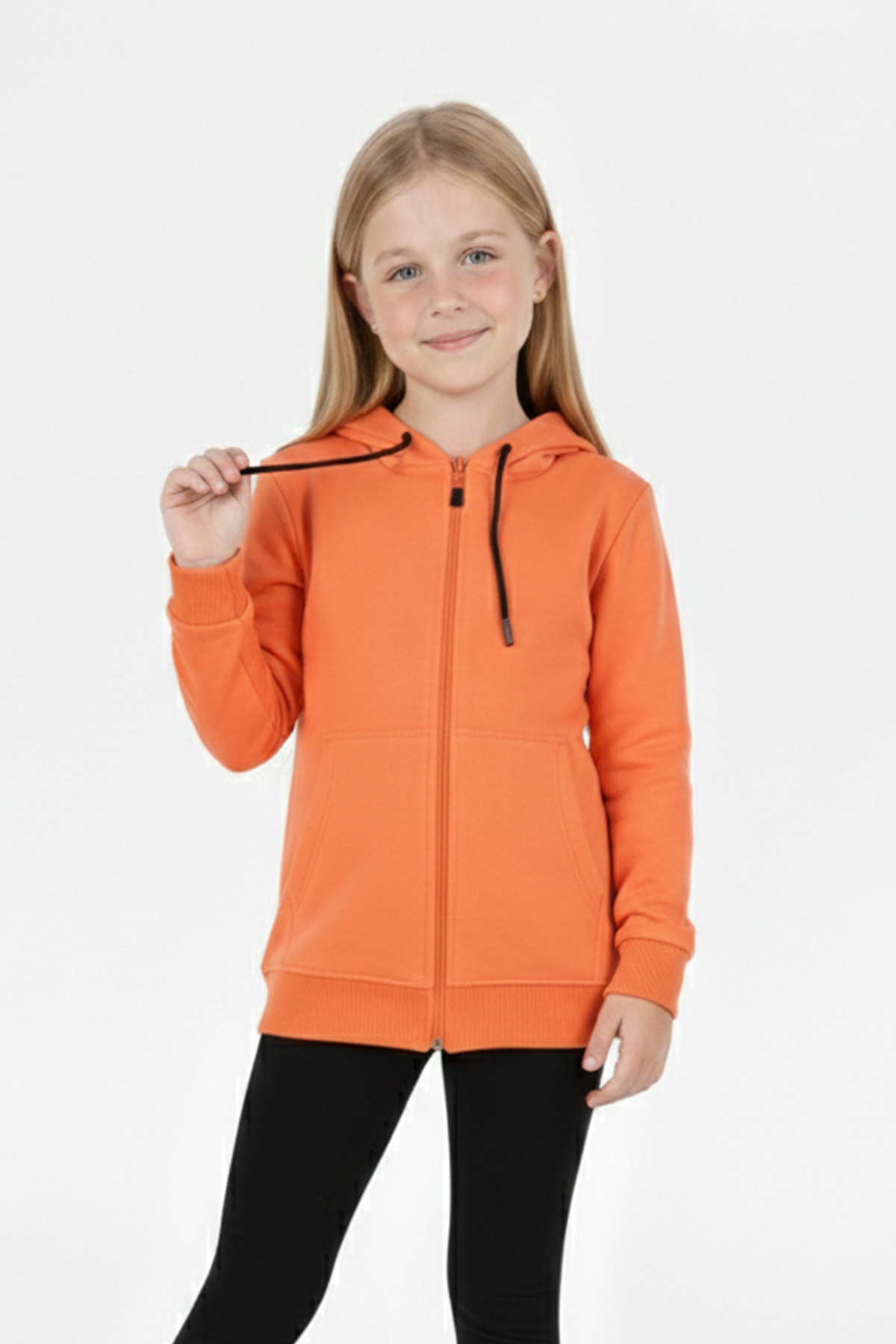 Kız Çocuk Fermuarlı Kapüşonlu Kanguru Cepli Düz Fırçalı İki İplik Sweatshirt