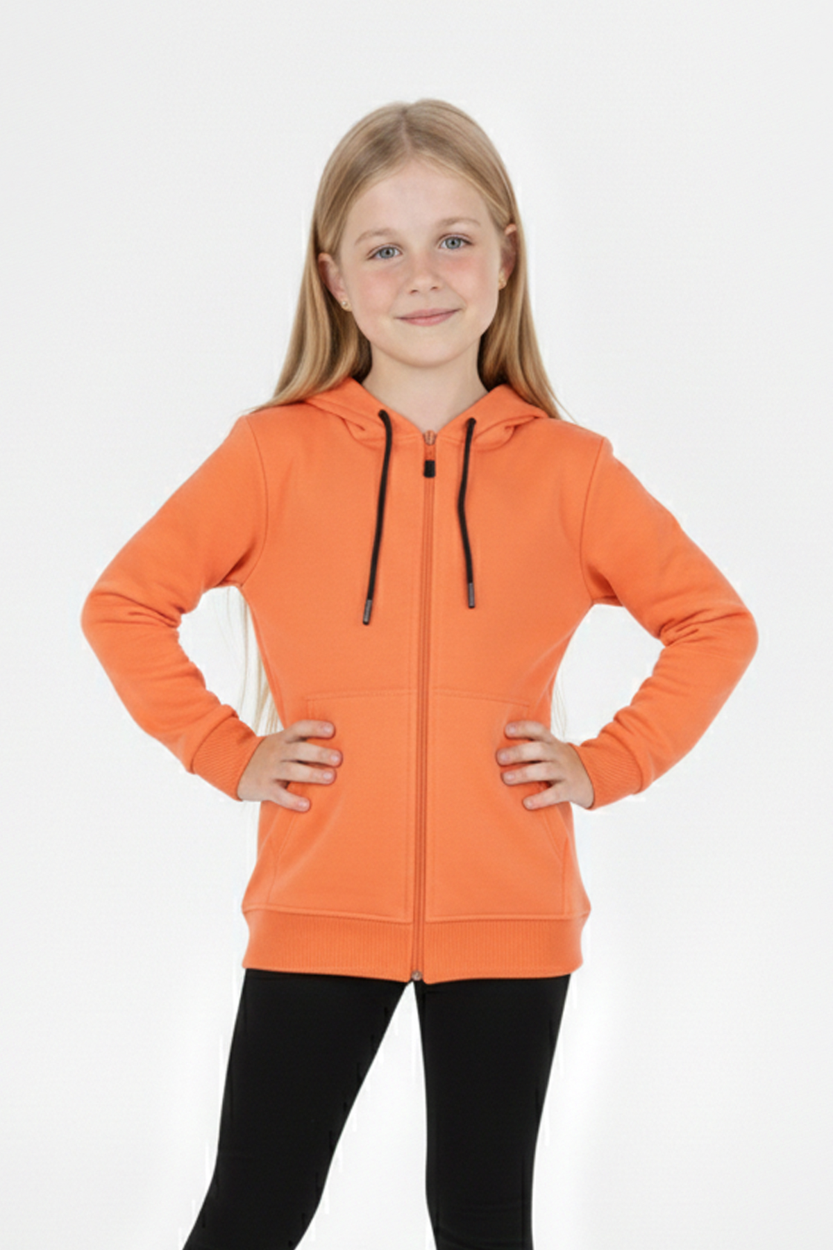 Kız Çocuk Fermuarlı Kapüşonlu Kanguru Cepli Düz Fırçalı İki İplik Sweatshirt