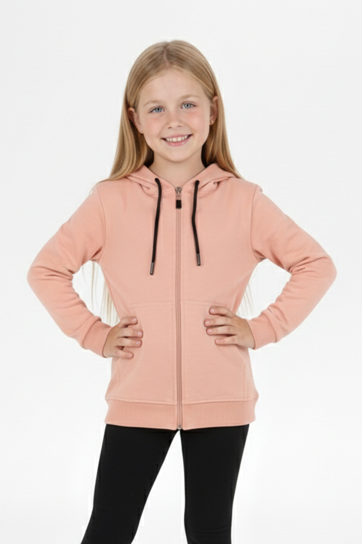 Kız Çocuk Fermuarlı Kapüşonlu Kanguru Cepli Düz Fırçalı İki İplik Sweatshirt