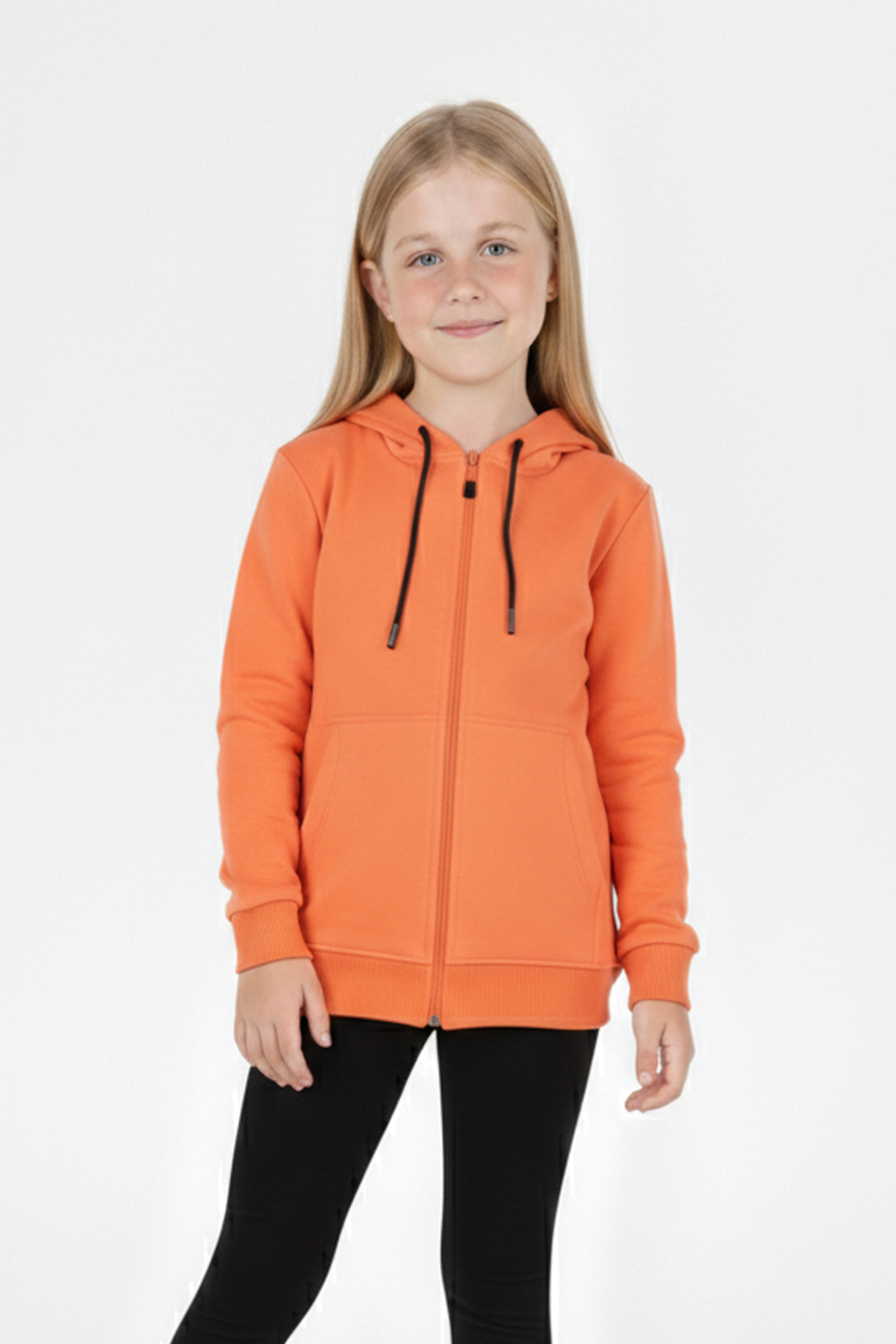 Kız Çocuk Fermuarlı Kapüşonlu Kanguru Cepli Düz Fırçalı İki İplik Sweatshirt