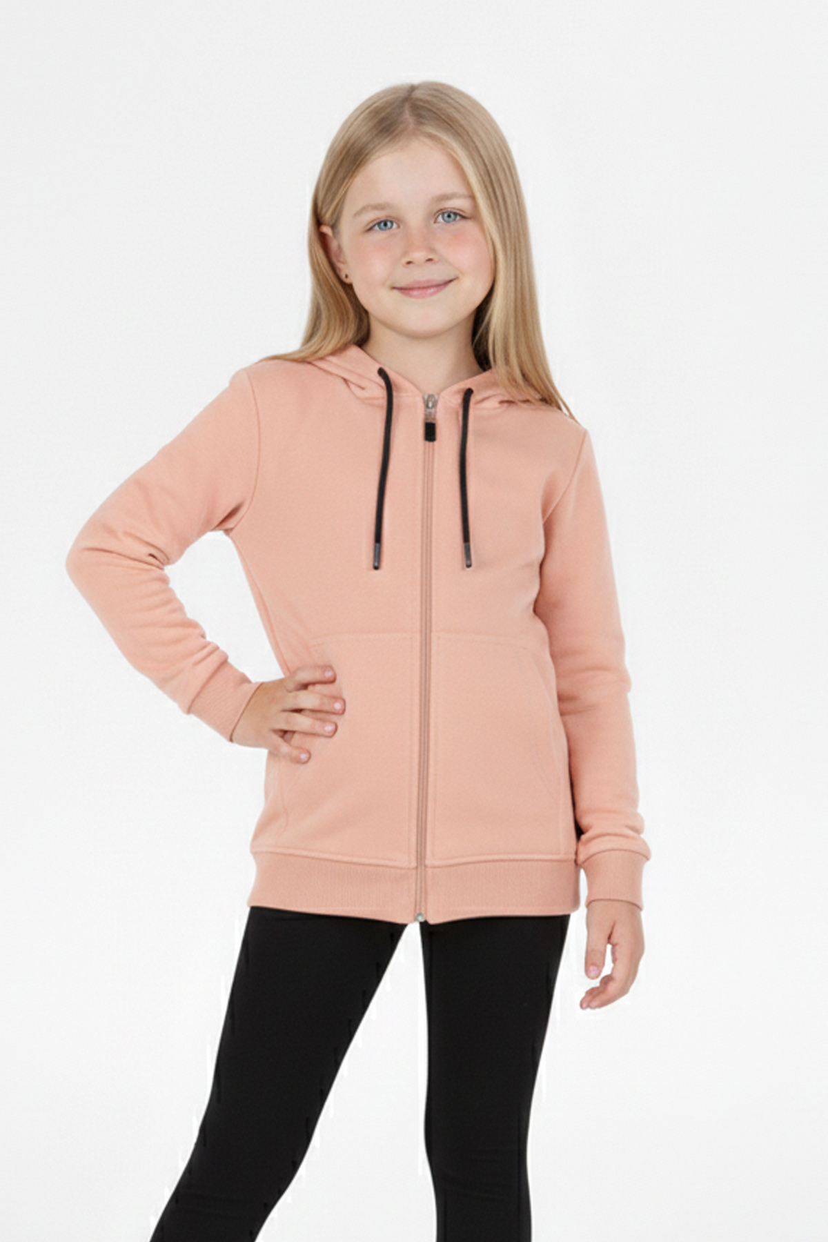 Kız Çocuk Fermuarlı Kapüşonlu Kanguru Cepli Düz Fırçalı İki İplik Sweatshirt